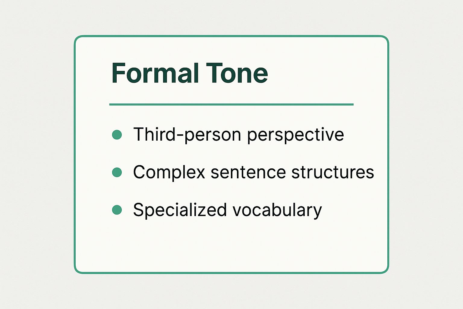 Infographic summarizing the key features of a Formal Tone, including third-person perspective, complex sentences, and specialized vocabulary.