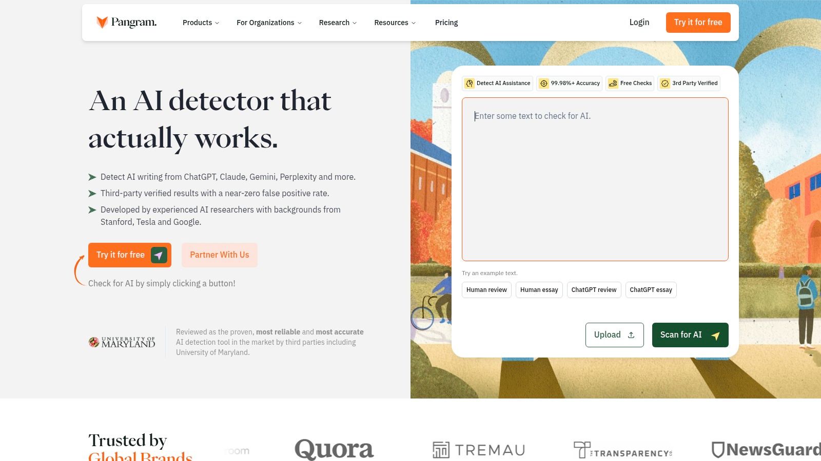 Pangram's AI detection interface showing a text analysis with a score indicating the likelihood of AI generation.