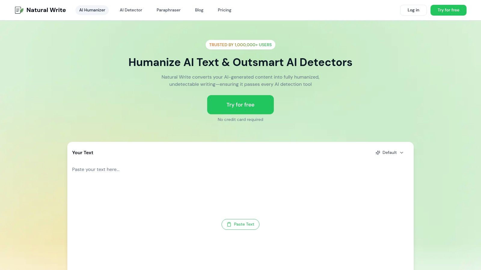 A screenshot of the Natural Write interface showing a text box for input, an AI score gauge, and humanization options.