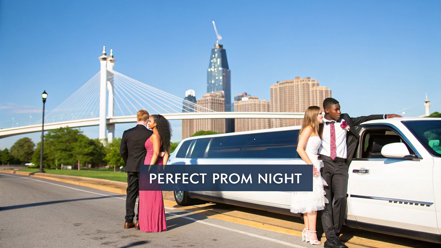 Two young couples in elegant prom attire pose with a white limousine against a city skyline.