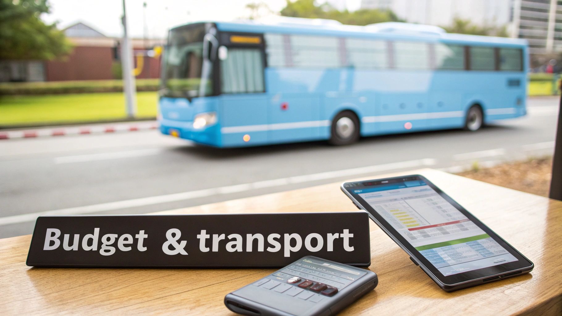 A 'Budget & transport' sign on a wooden table with a tablet and a blue bus in the background.