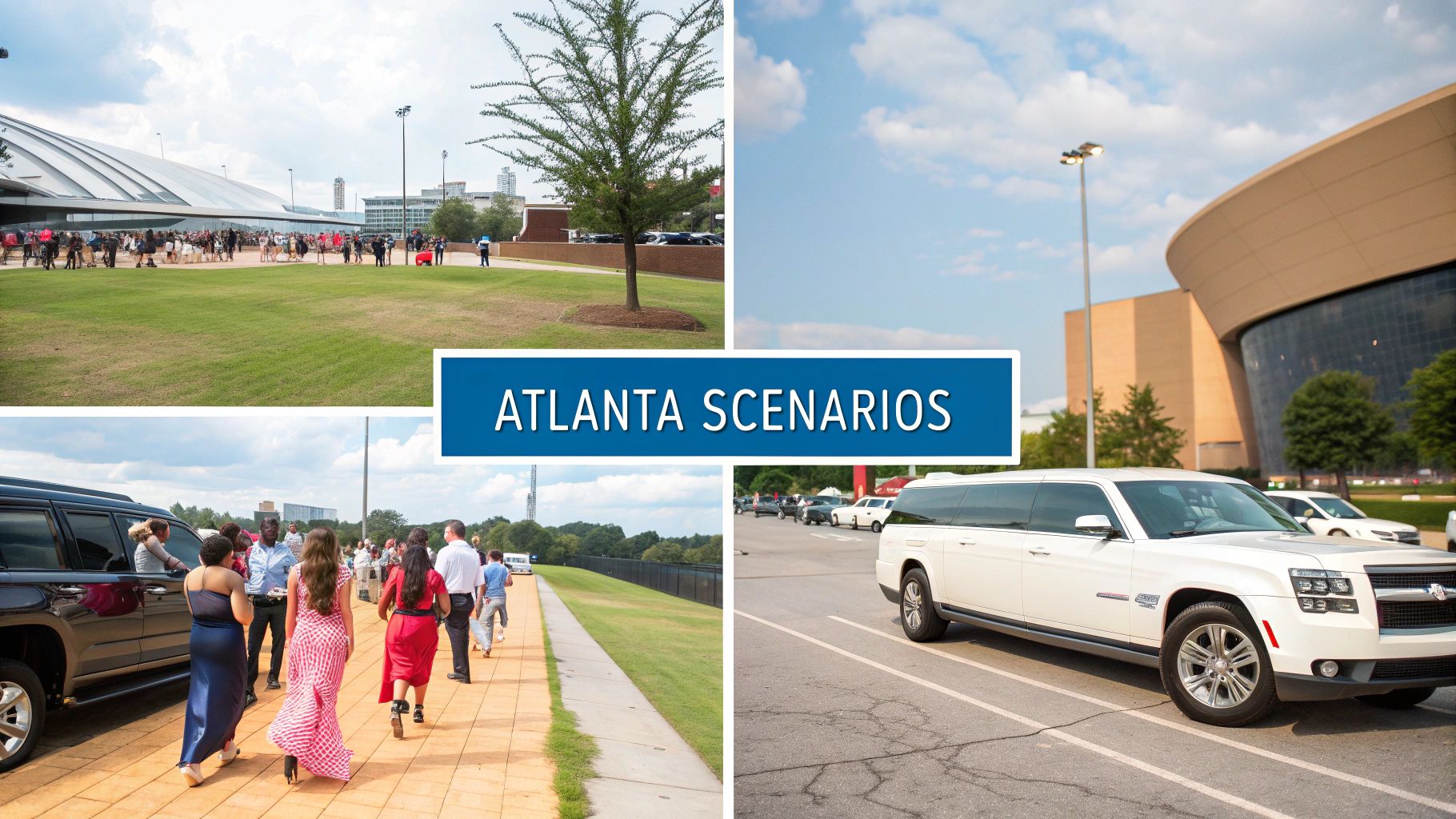 A collage of Atlanta scenes featuring a stadium, people walking outdoors, and a white stretch limousine.