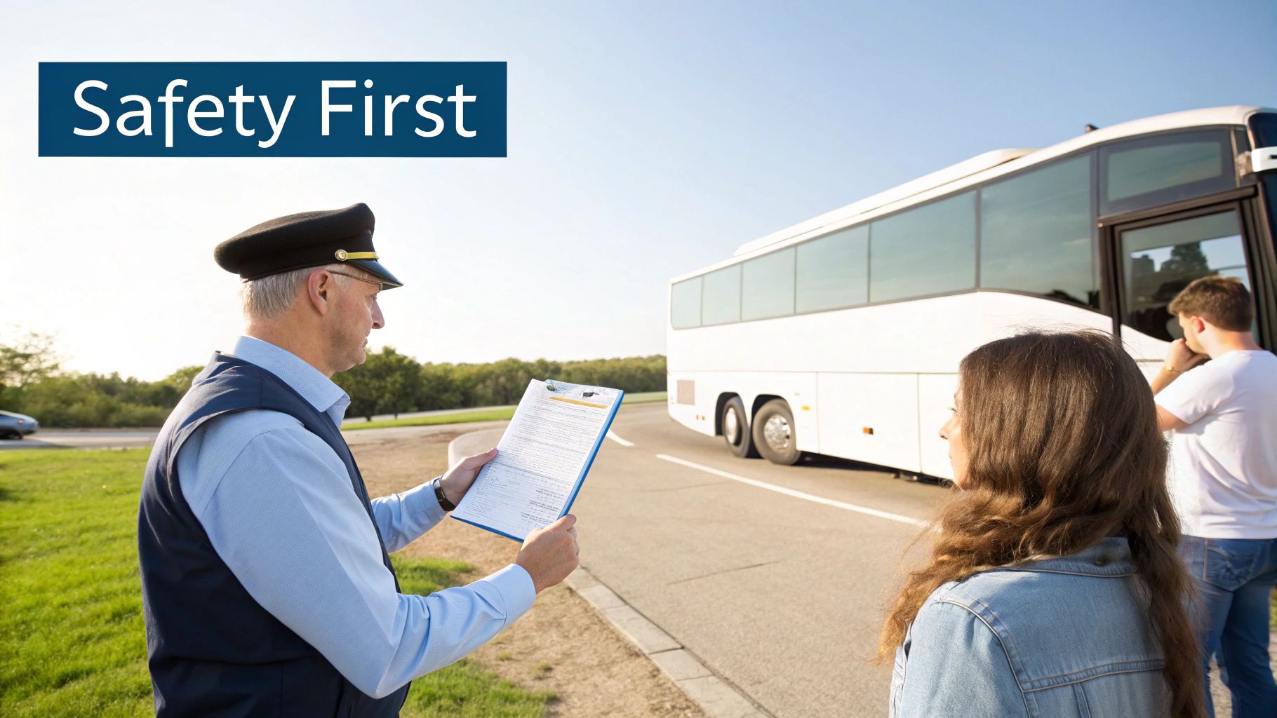 A bus driver in uniform holds a clipboard while passengers board a white bus, with "Safety First" text.