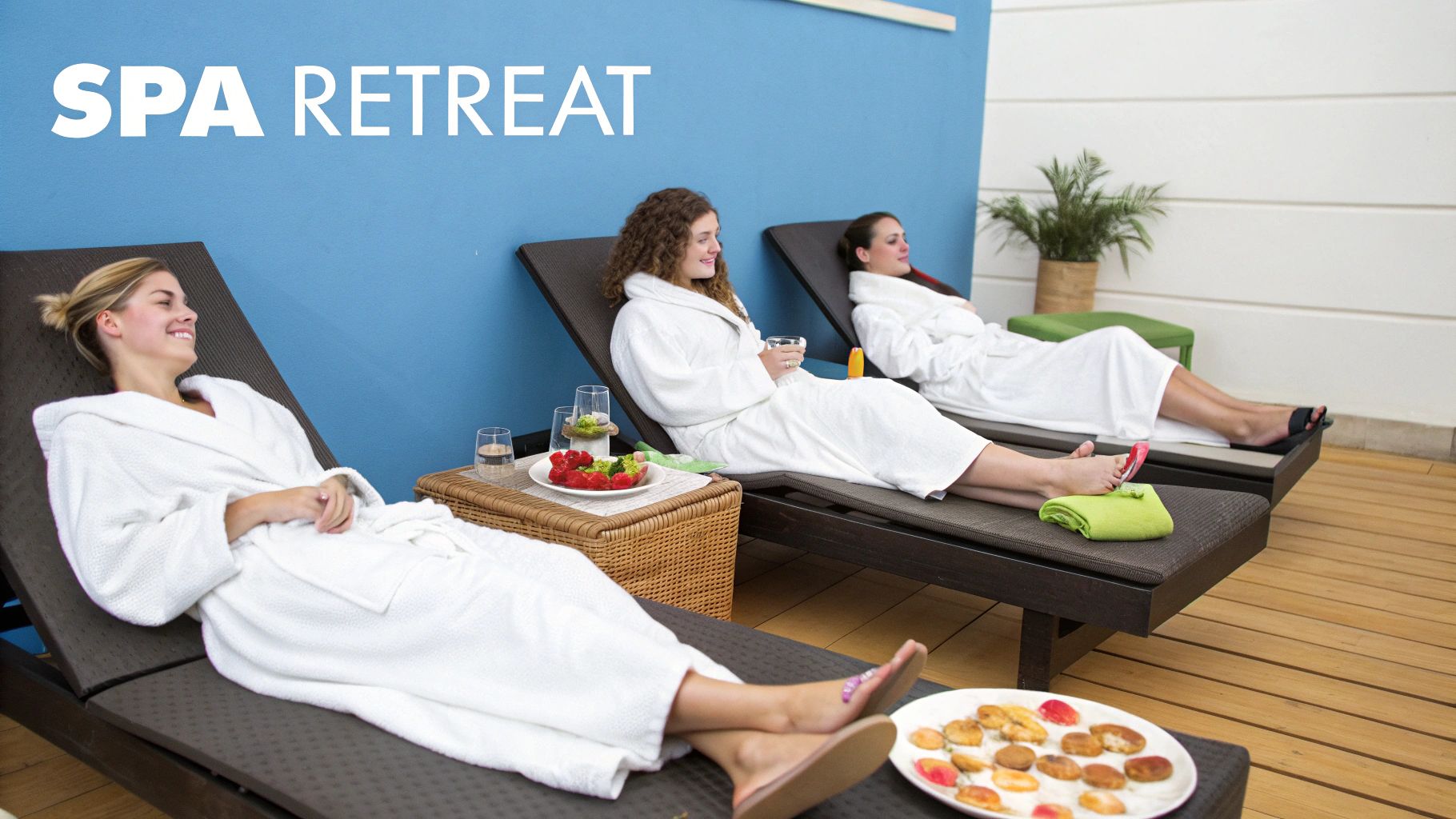 Three women in white bathrobes relax on lounge chairs at a spa retreat, enjoying drinks and snacks.