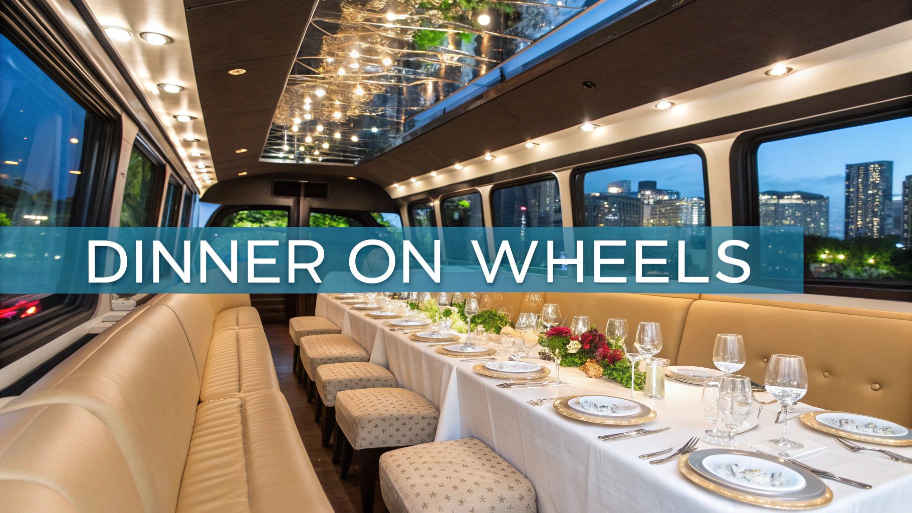 Luxurious dinner on wheels featuring a beautifully set table, plush seating, and city views at night.