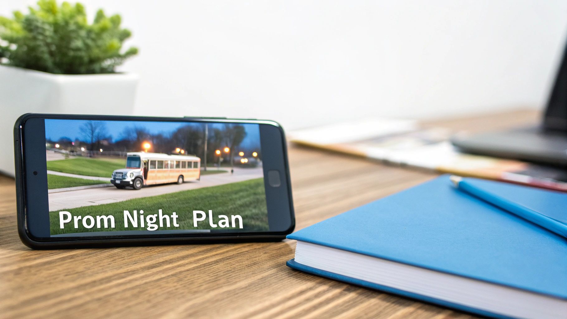 A smartphone displays a 'Prom Night Plan' featuring a party bus, with a notebook and pencil on a wooden desk.