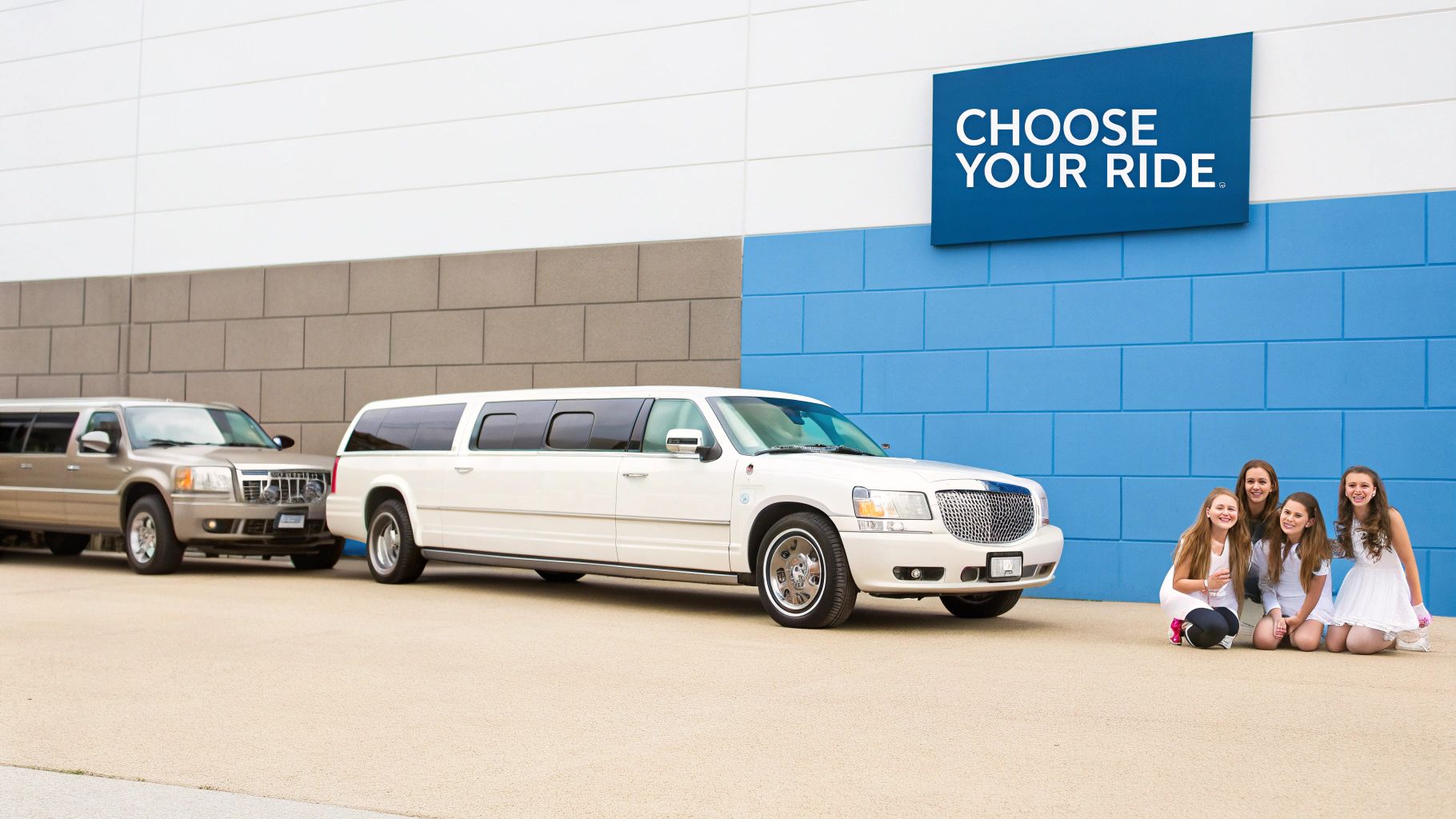 Four happy girls pose with two luxurious limousines parked against a building with a 'Choose Your Ride' sign.