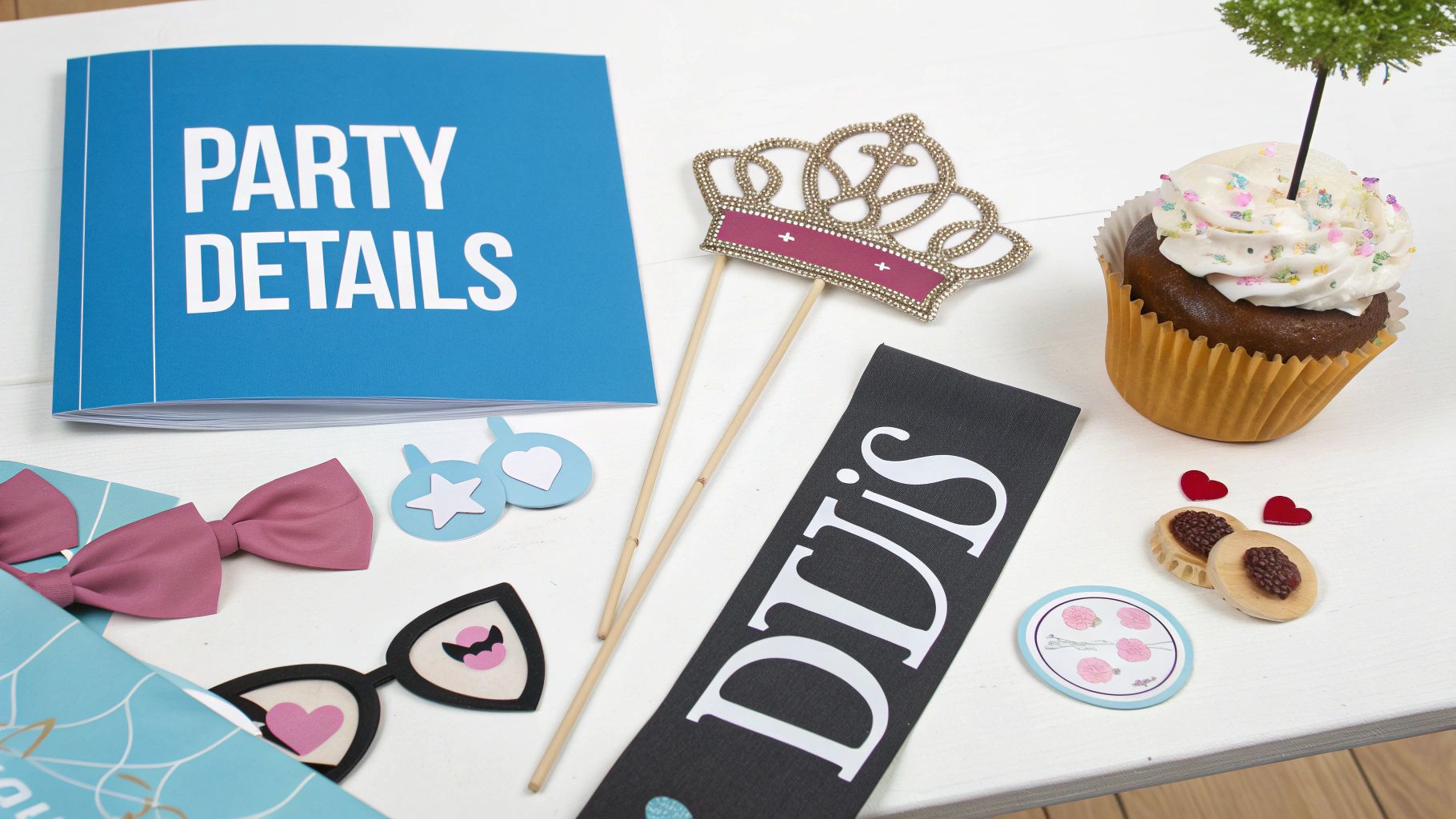 Party details booklet, crown prop, cupcake, bow ties, and assorted party decorations on a table.
