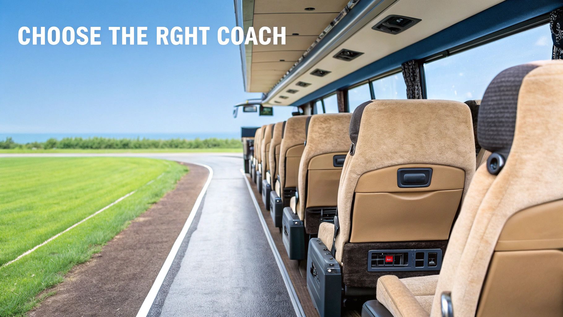 Inside a modern motor coach with comfortable seats, parked on a scenic road by the ocean.