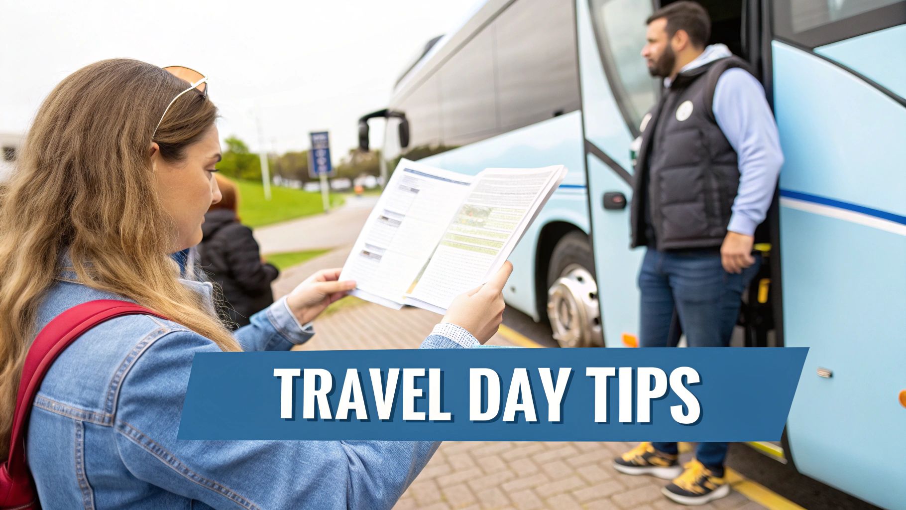 A woman with a backpack reads travel documents next to a blue motor coach, preparing for her journey.