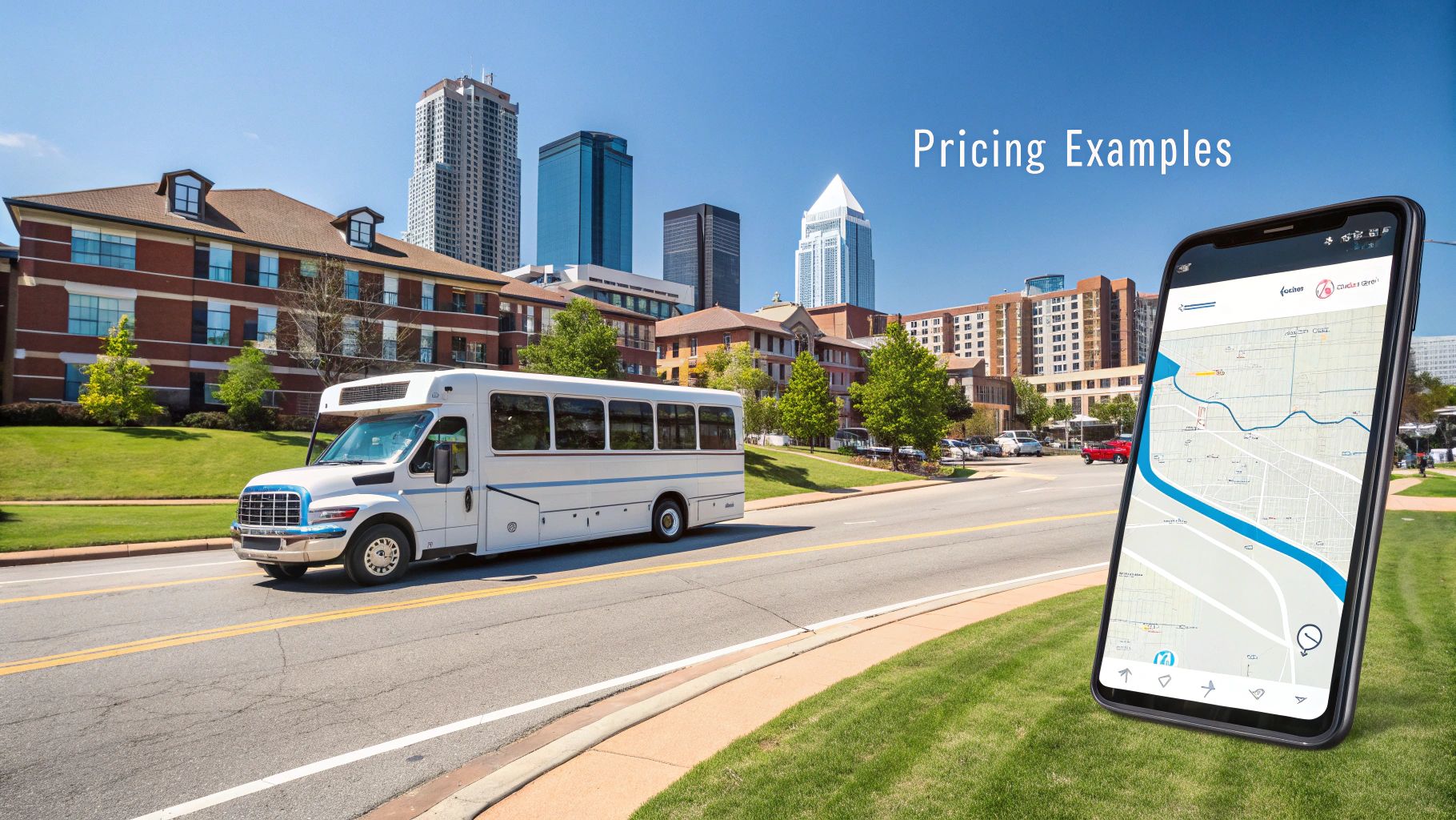 A white shuttle bus on a city street with buildings and a phone displaying a map, illustrating pricing examples.