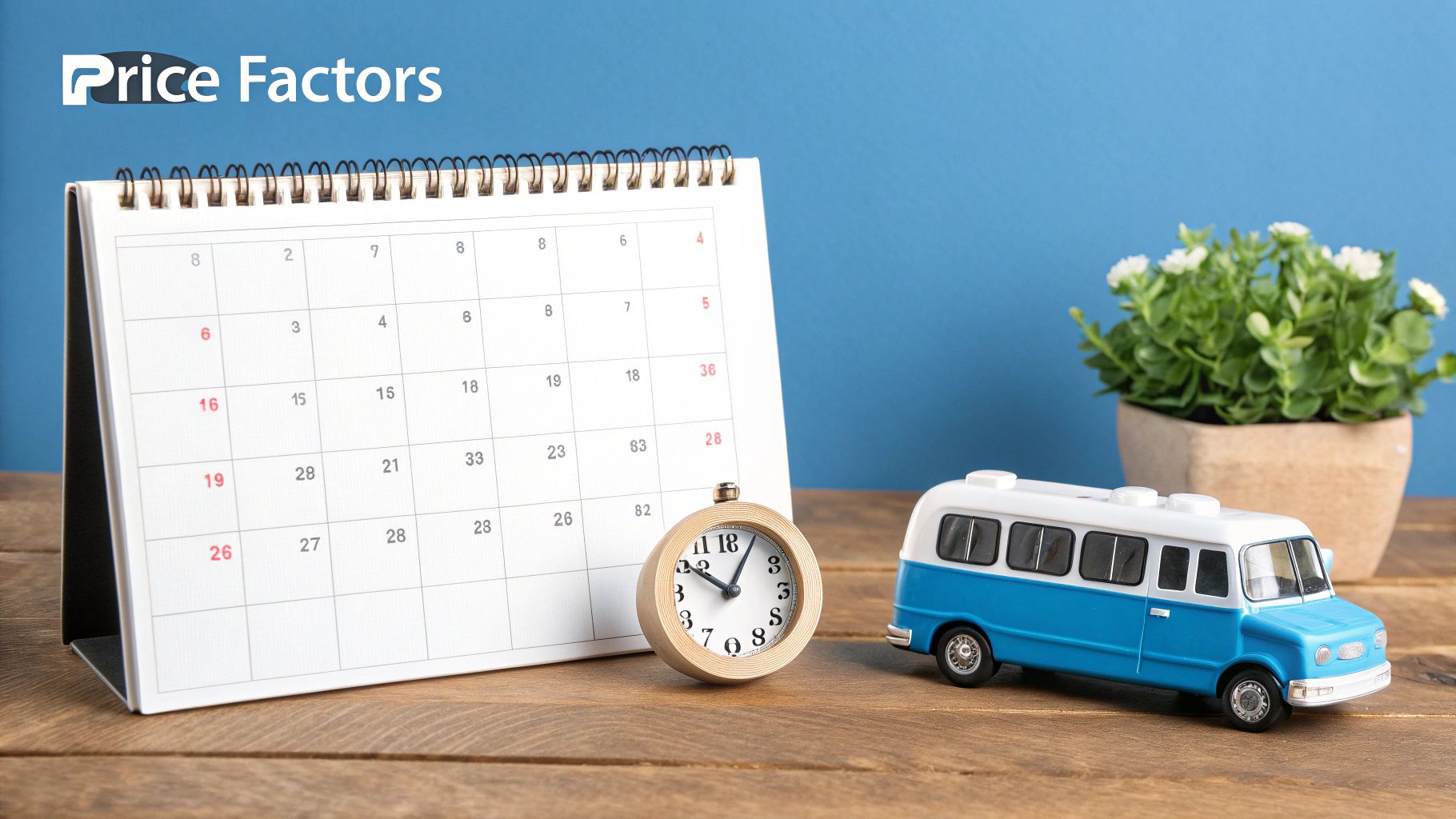 Desk calendar, small clock, and blue toy bus on a wooden table, symbolizing time and travel planning.