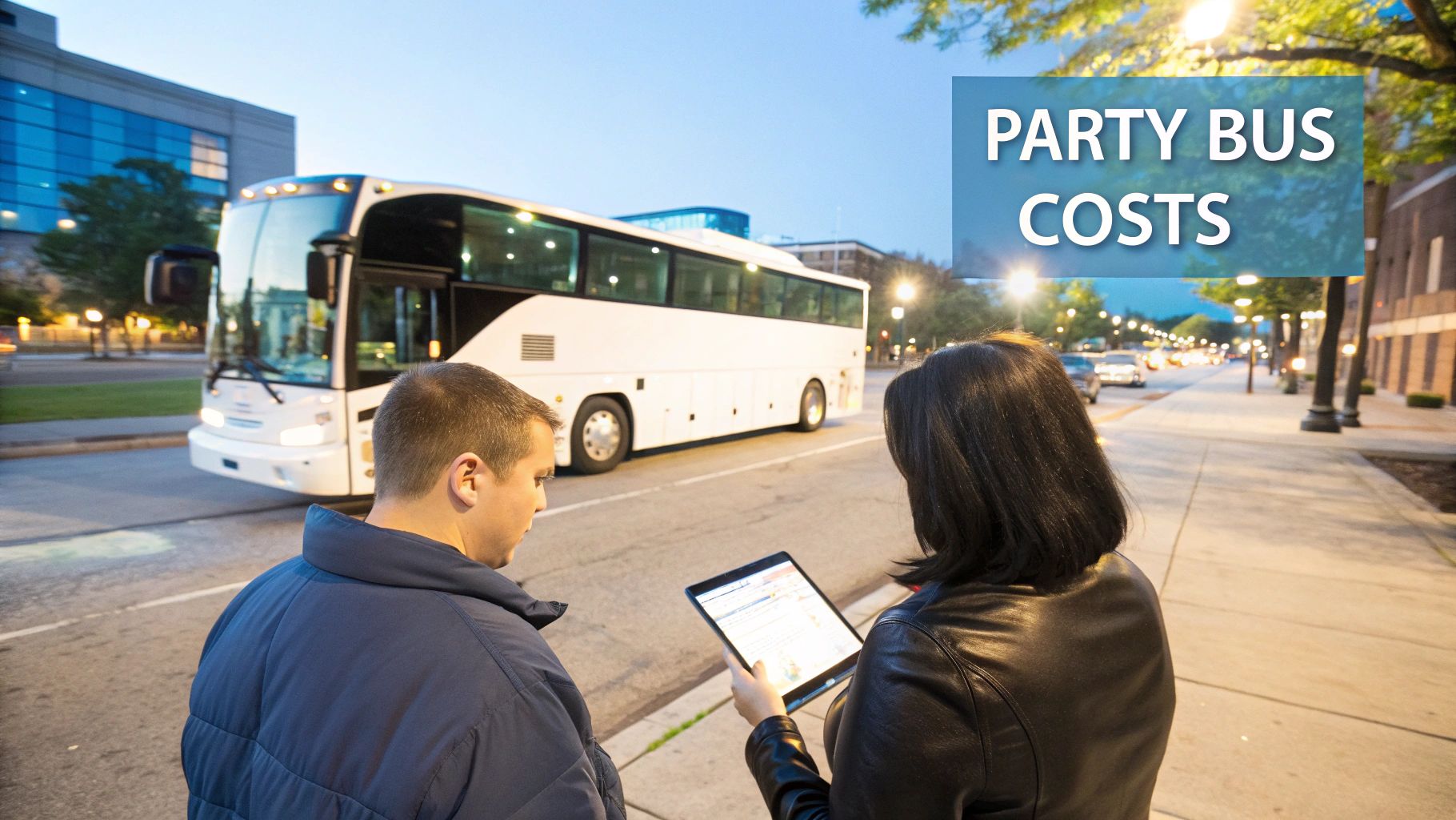 Two people looking at a tablet while a white party bus is parked on a city street at dusk, discussing costs.