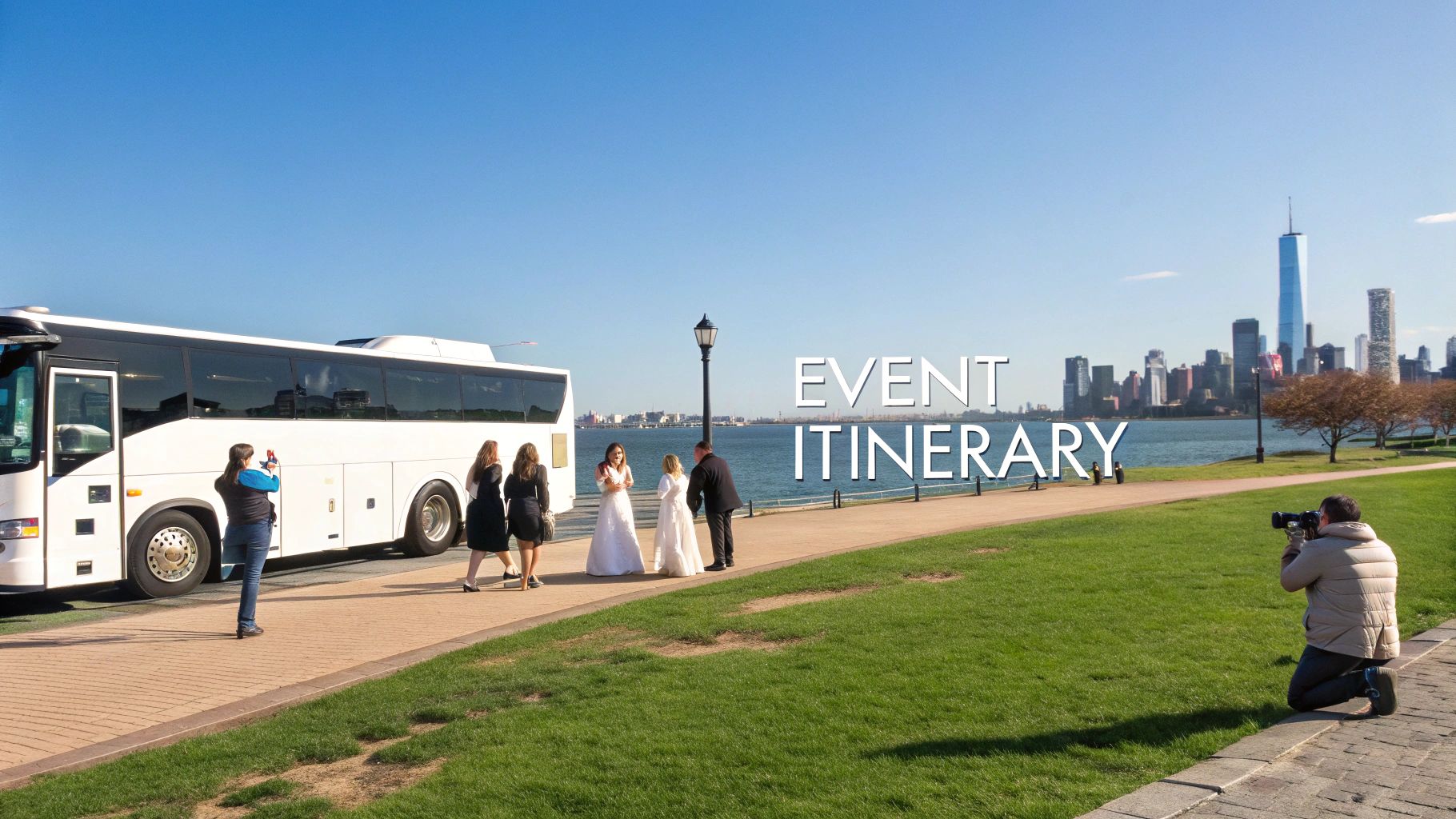 People posing for photos near a white charter bus, with a cityscape and water in the background, showing 'EVENT ITINERARY'.