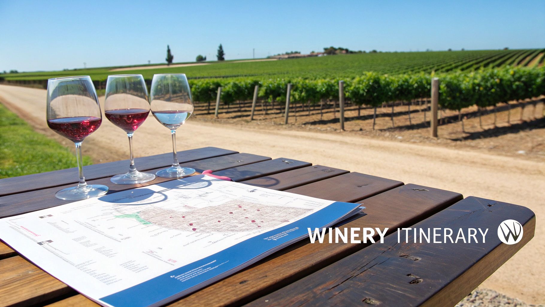 Three wine glasses and a winery itinerary map on a wooden table overlooking a vineyard.