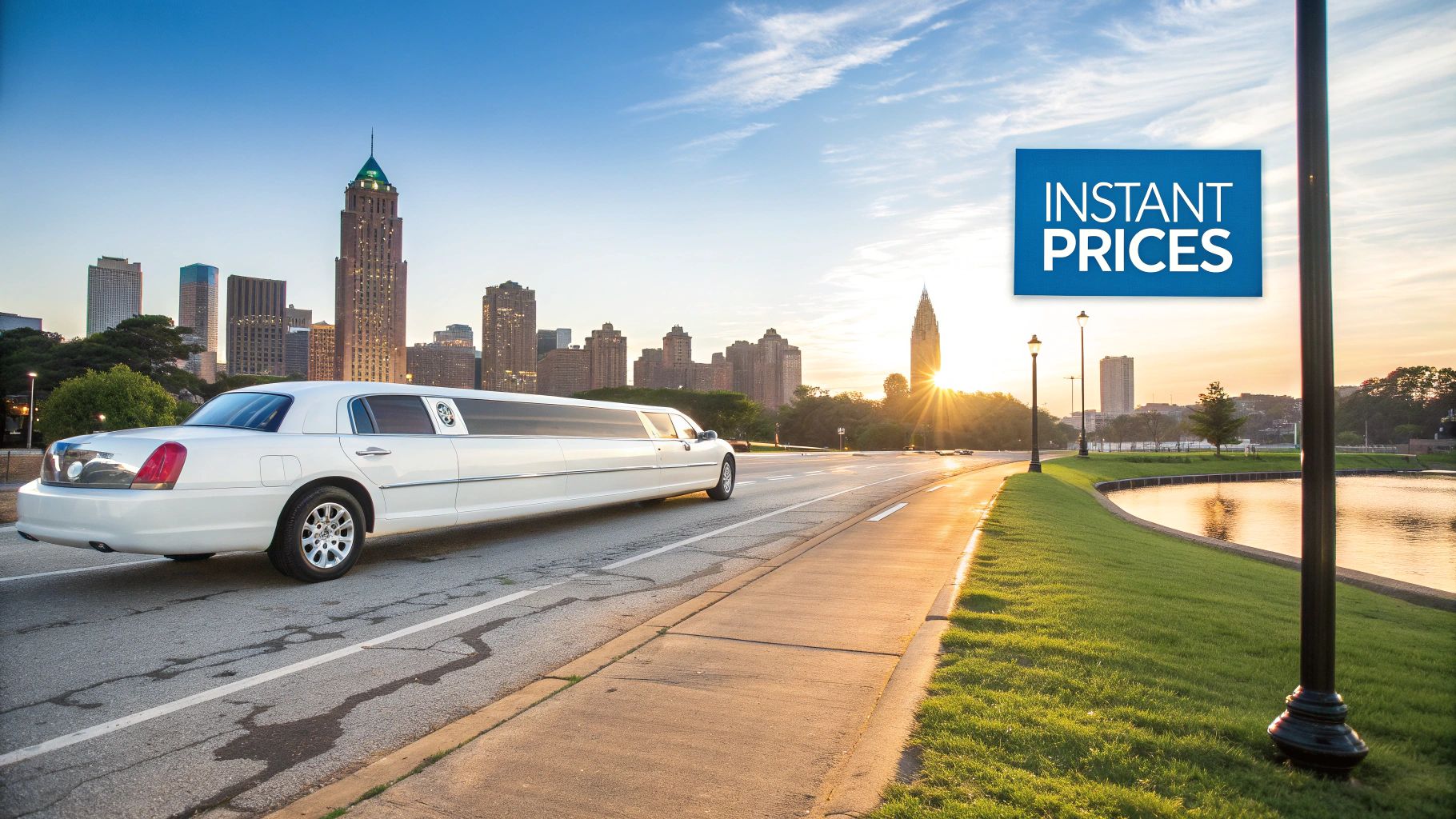 White stretch limousine driving along a road with a city skyline and sunset, with 'INSTANT PRICES' text.