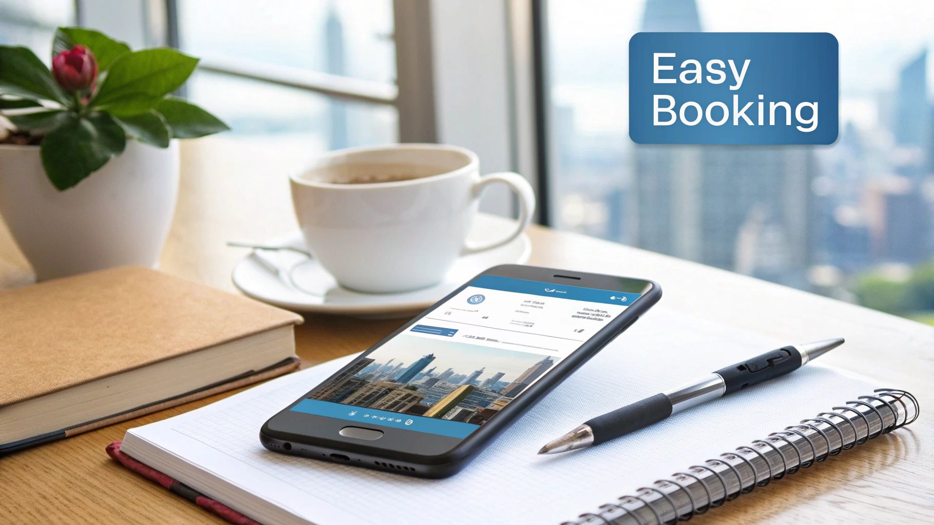 Smartphone showing a booking app on a desk with coffee, notebook, and pen, with an 'Easy Booking' label.