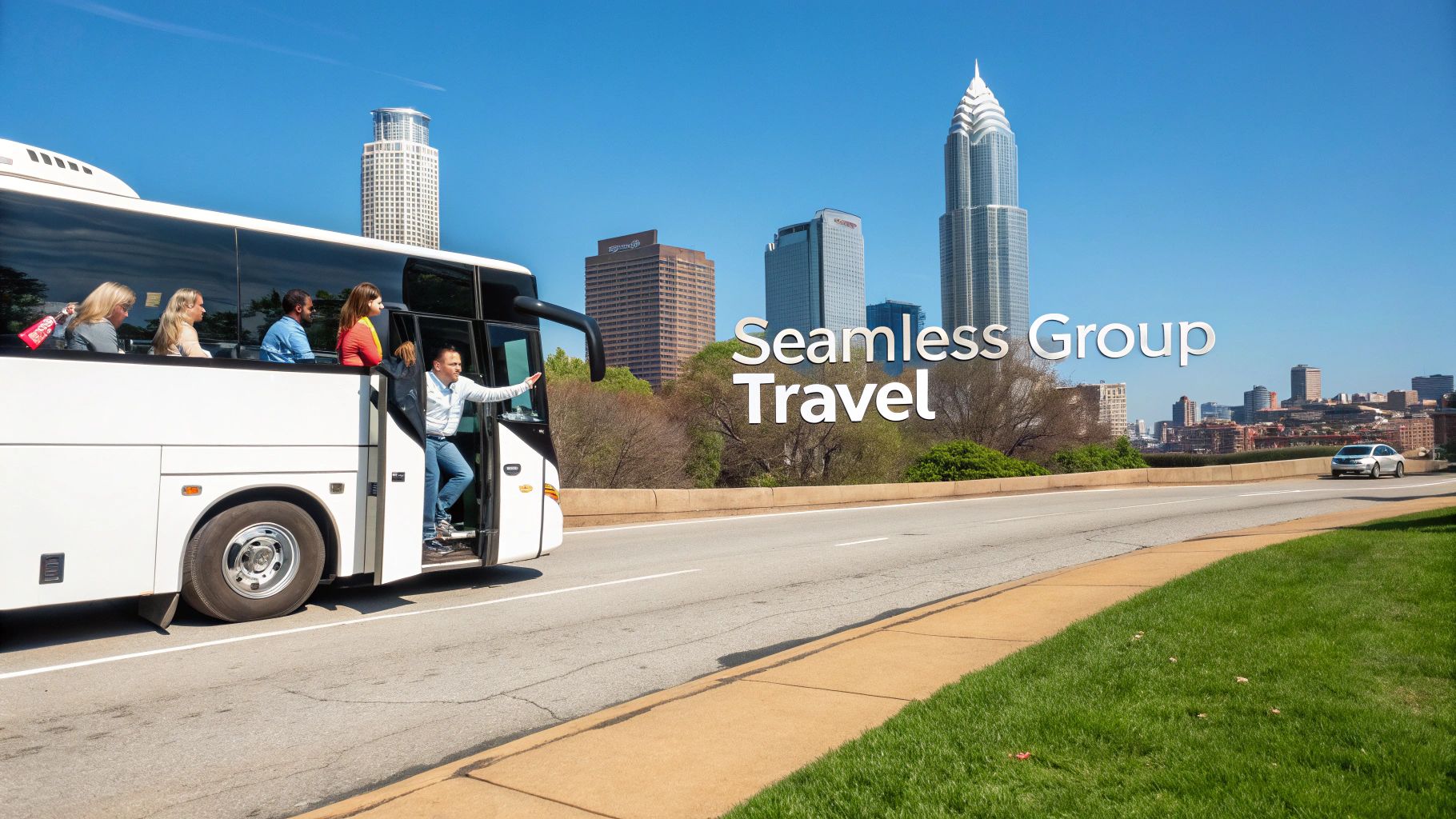 A group of people enjoying a seamless travel experience on a white motor coach with city skyscrapers in the background.