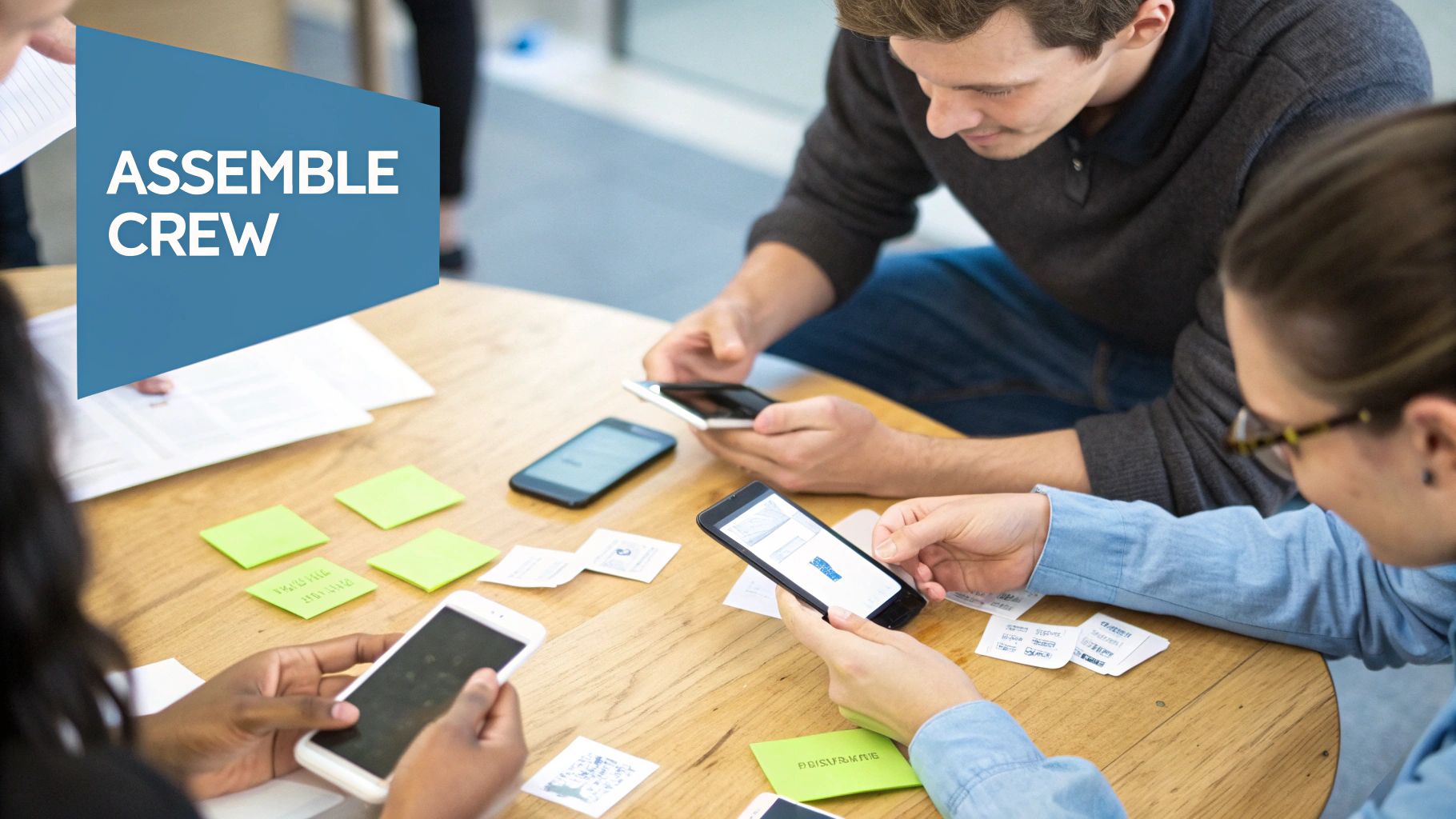 Several people collaborate at a wooden table, actively using their smartphones and sticky notes.