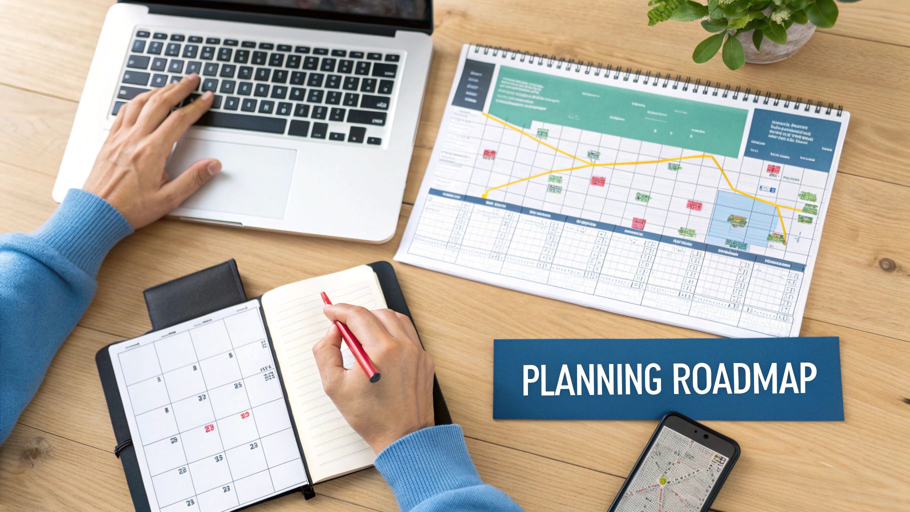 Top-down view of a person using a laptop, writing in a notebook, with a calendar and a planning roadmap.