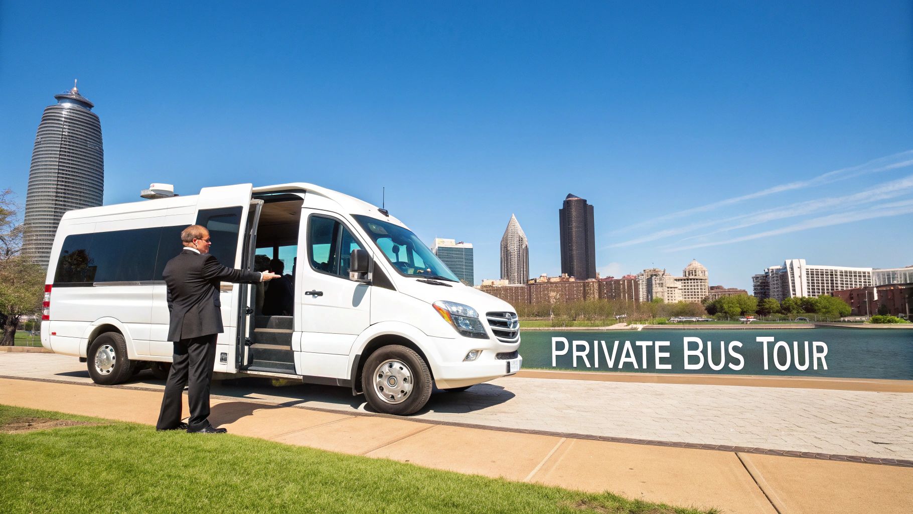A man in a suit opens the door of a white private tour bus, ready for a city tour with buildings and water in the background.
