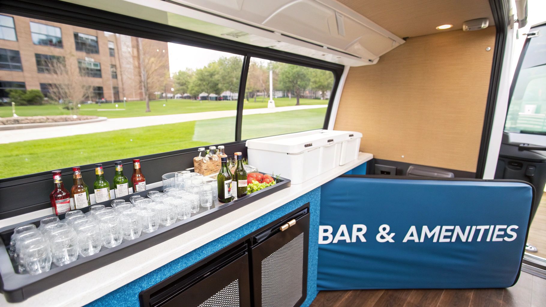 Interior of a modern party bus featuring a bar counter with drinks, glasses, coolers, and an 'Amenities' sign.