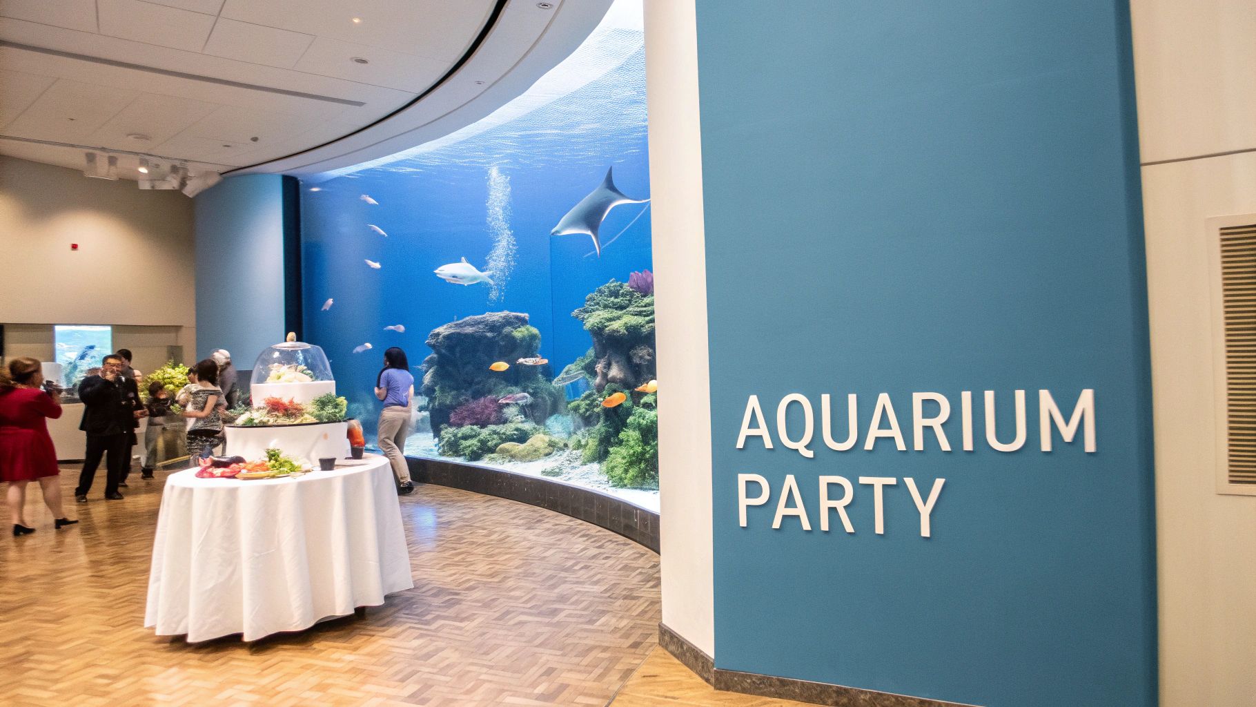 People gathered at an 'Aquarium Party' event with food tables and a large fish tank.