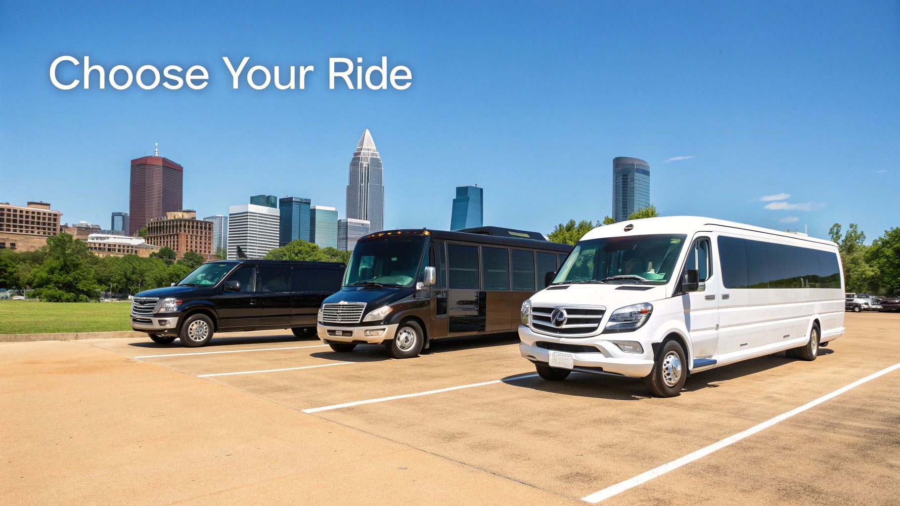 Three diverse transportation vehicles: a black SUV, a black shuttle bus, and a white passenger van, with a city skyline background.
