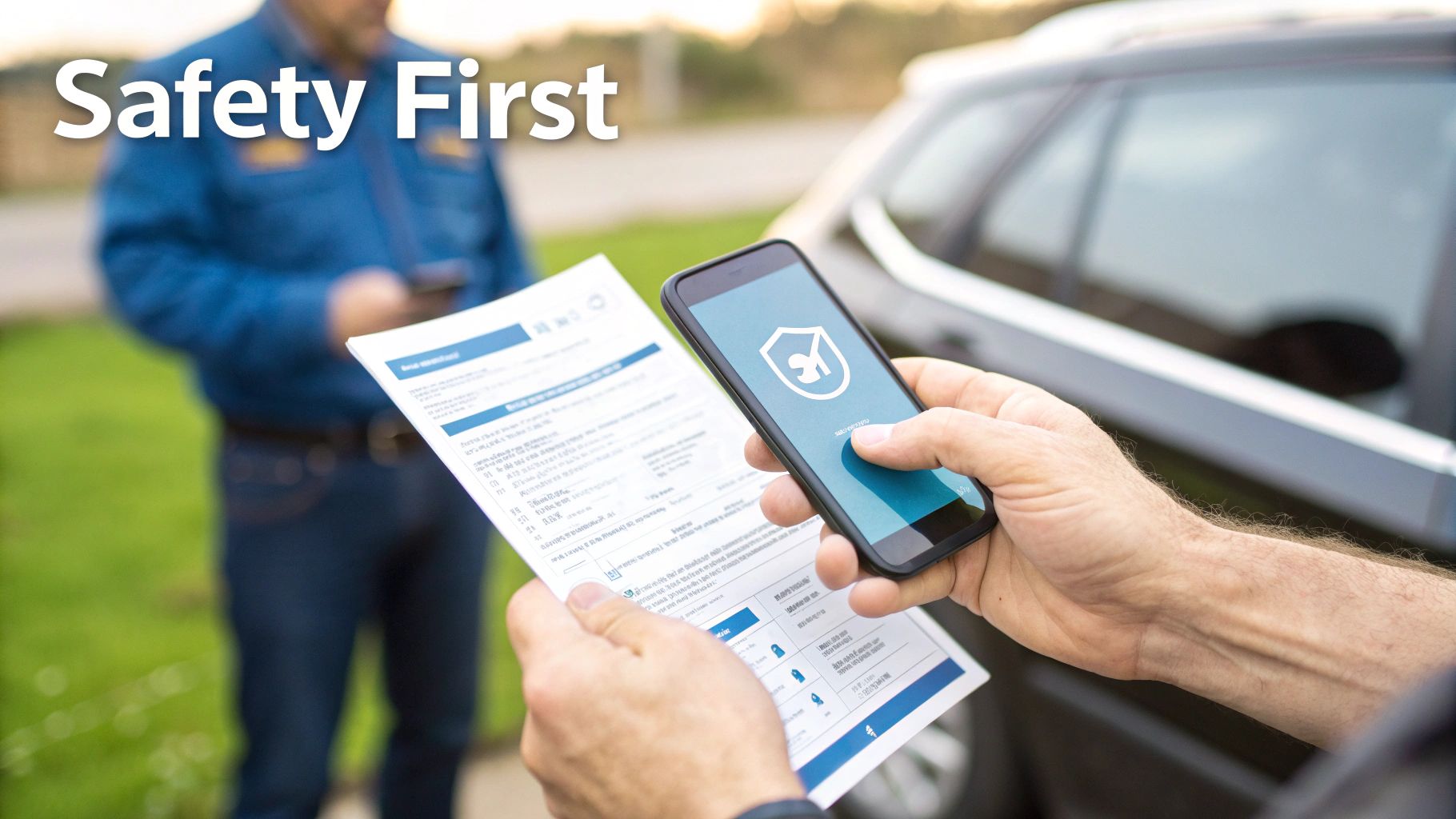 Close-up of a person holding a smartphone displaying a shield logo and a document, emphasizing safety first.