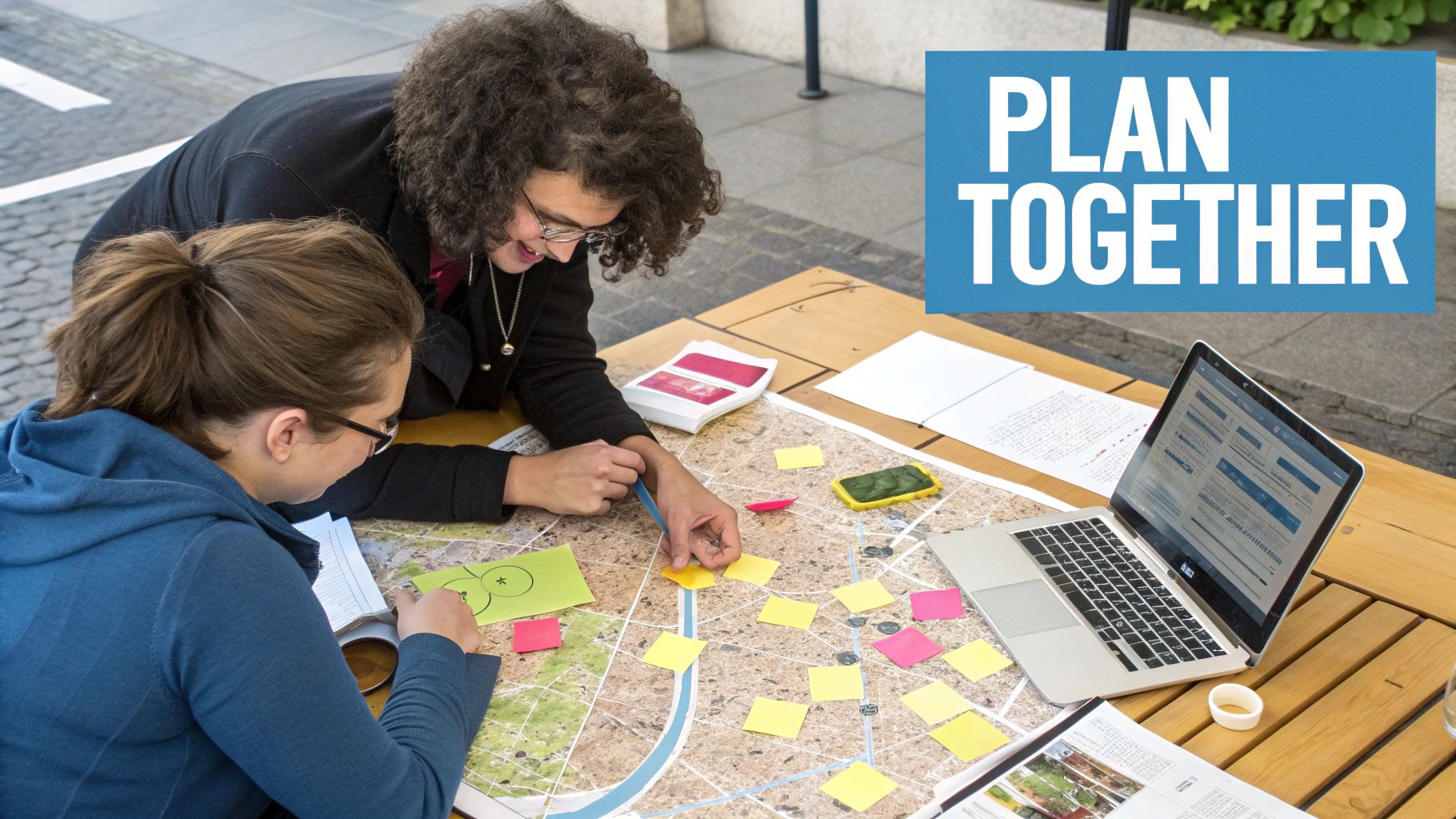 Two people actively planning a project on a large map with sticky notes and a laptop.