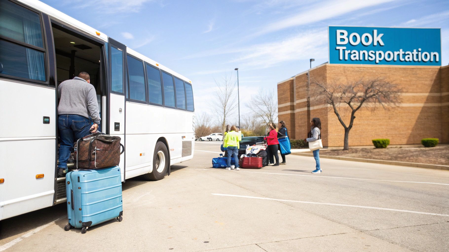 People load suitcases and bags onto a white charter bus in a parking lot for group travel.