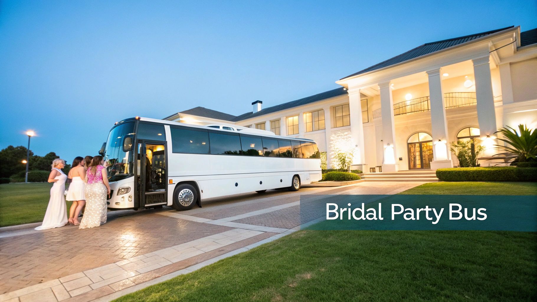 Bridal party boarding a white luxury bus in front of a grand, columned building at dusk.