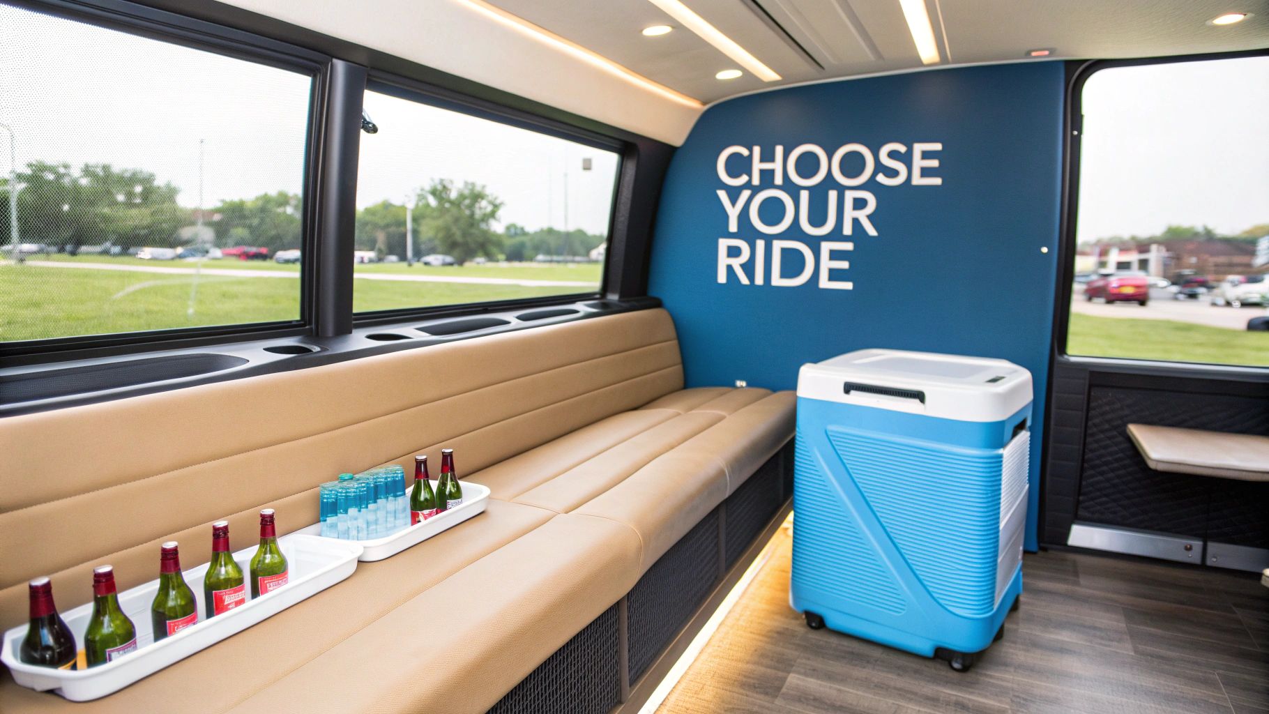 Interior of a party bus featuring tan bench seating, bottles, cups, a blue cooler, and a 'CHOOSE YOUR RIDE' sign.
