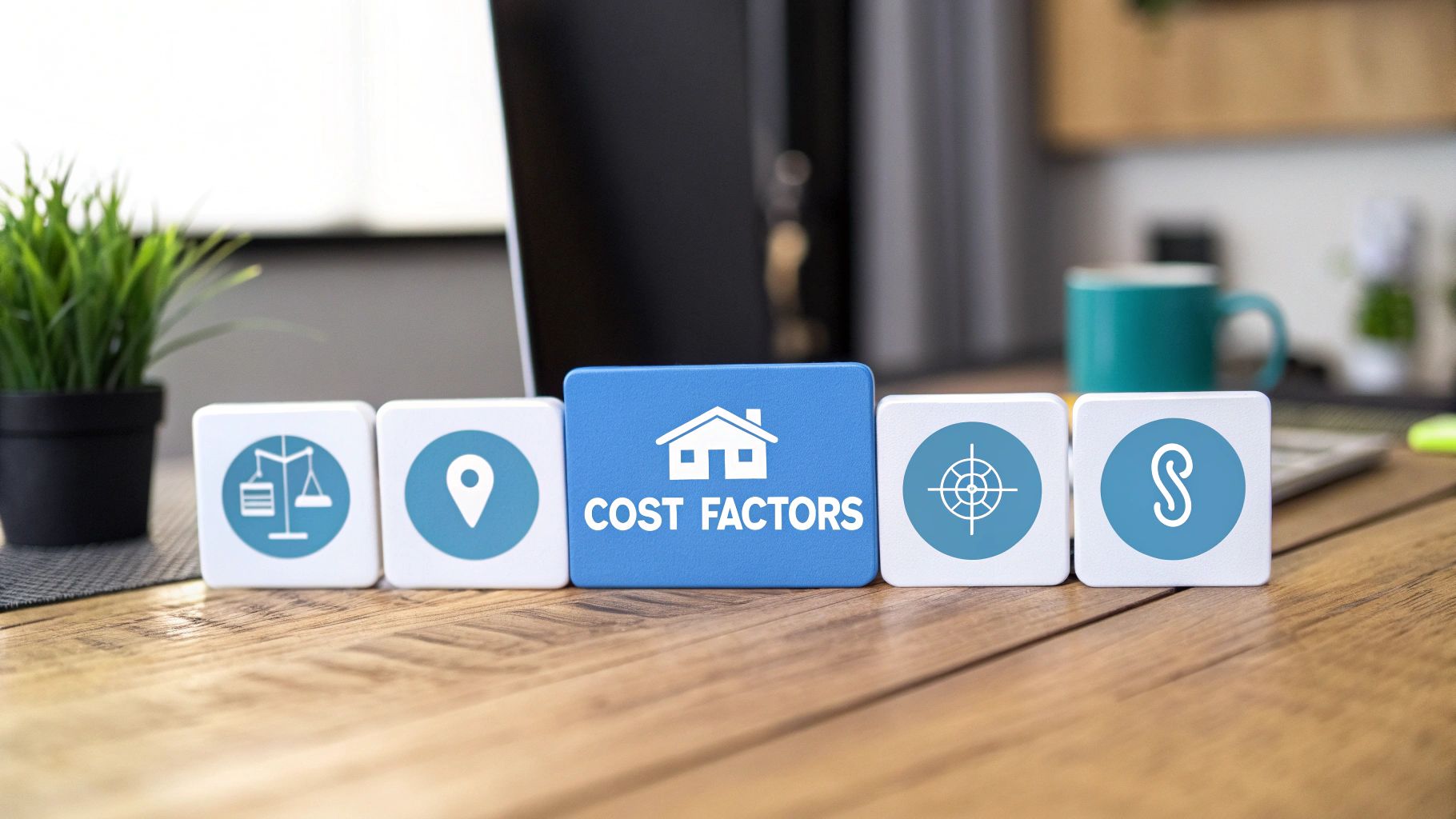 Cubes on a desk showing 'Cost Factors' for a house, with icons for logistics, location, and goals.