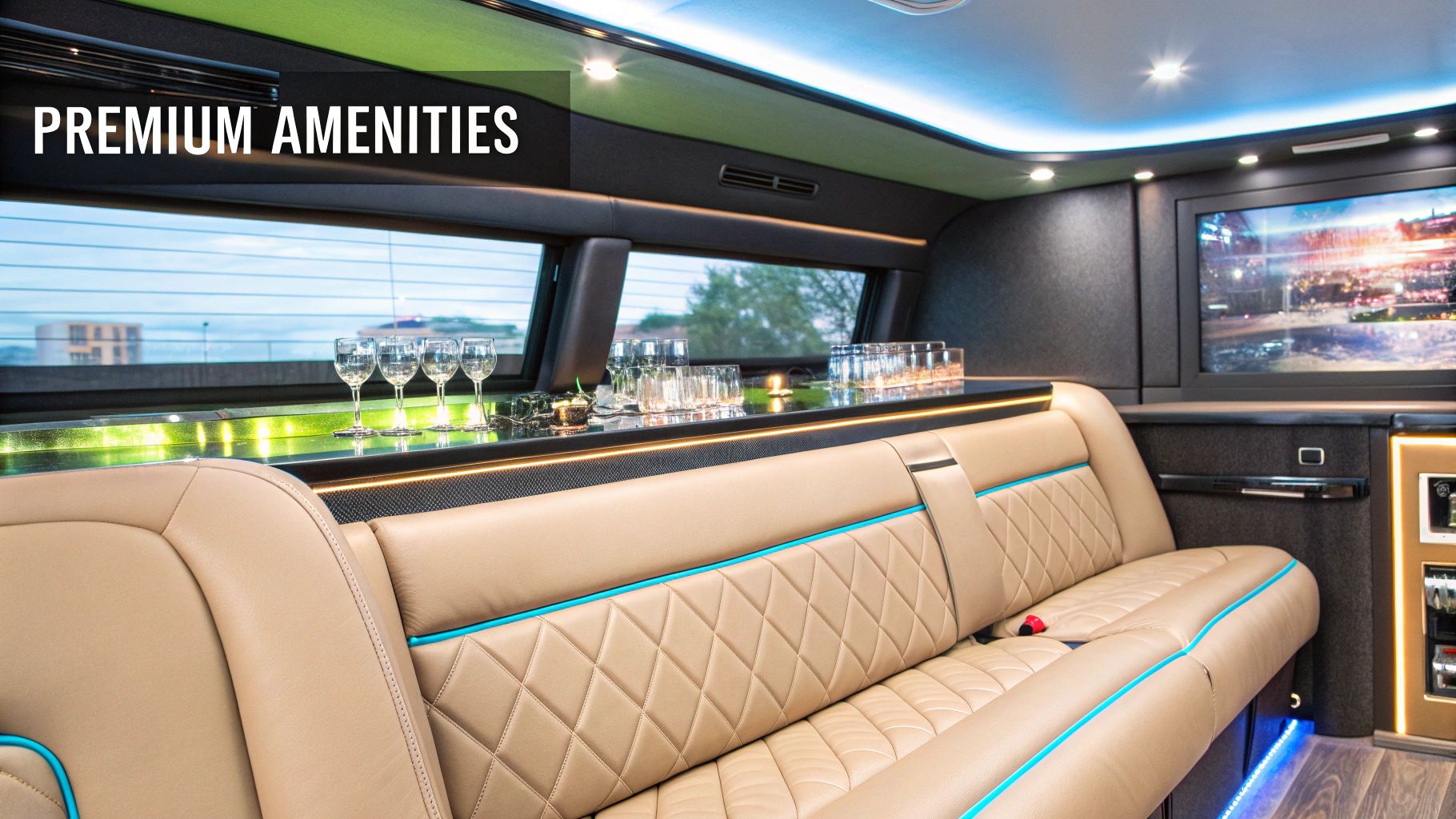 Luxurious party bus interior featuring tan leather seats with blue accents, a full bar, and mood lighting.