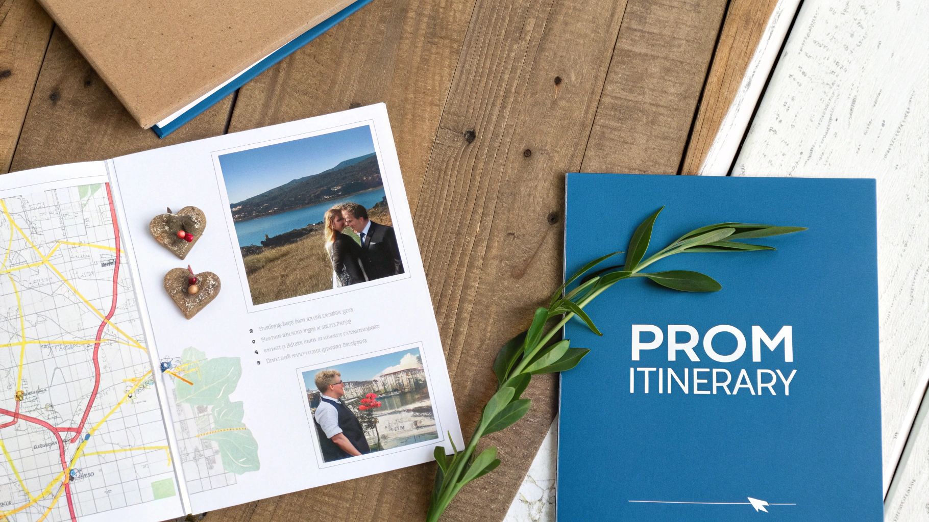 Open photo album with couple photos, map, heart decorations, and a blue 'PROM ITINERARY' booklet.