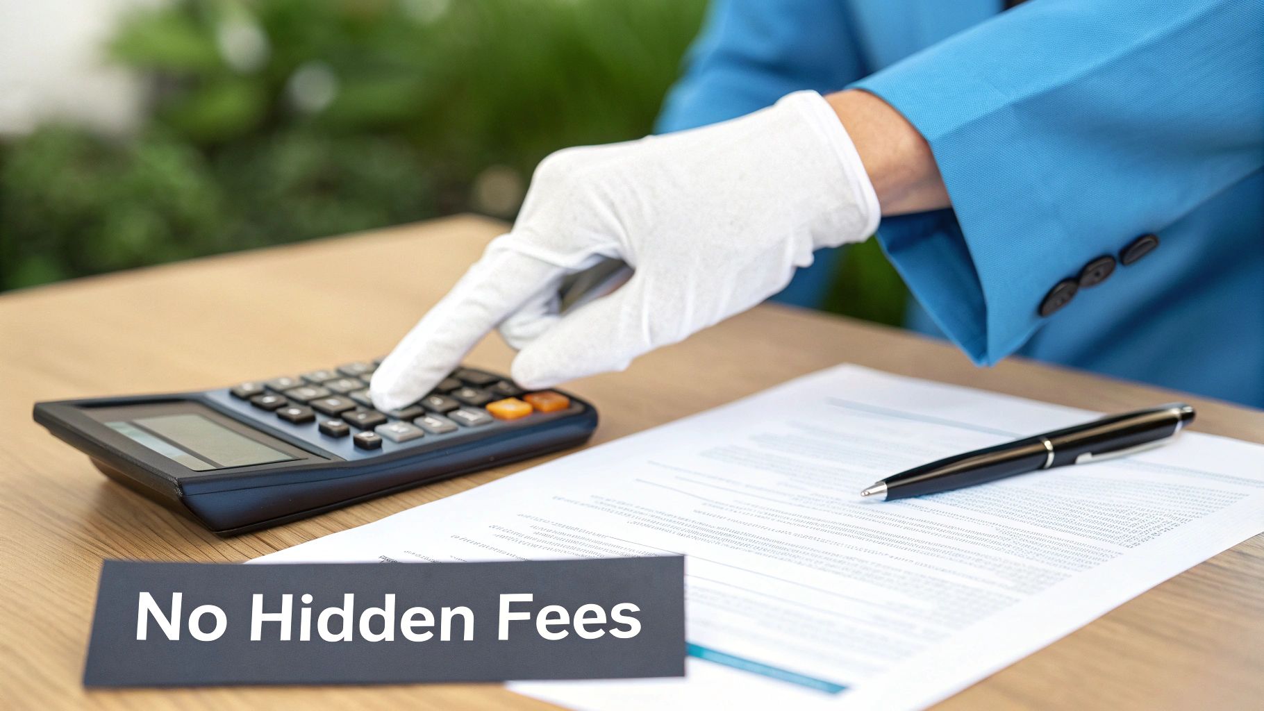 Person in blue blazer and white gloves using calculator, with 'No Hidden Fees' sign, documents, and pen on a table.