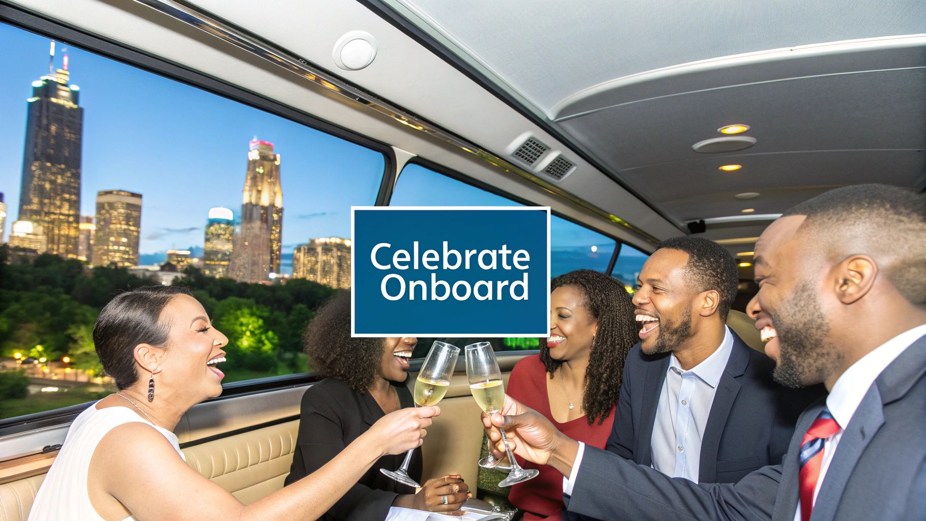Diverse group celebrates with champagne inside a luxury party bus, overlooking a city skyline at night.