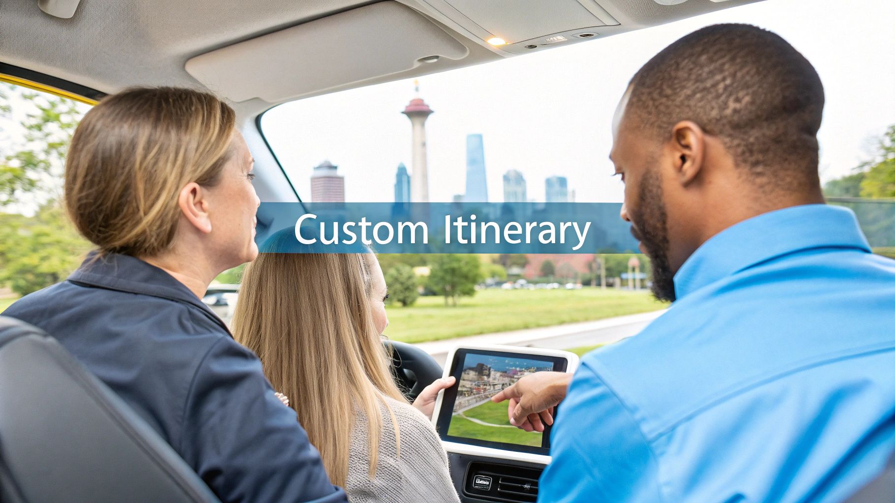 Passengers in a vehicle viewing a custom itinerary on a digital tablet with a city skyline outside.