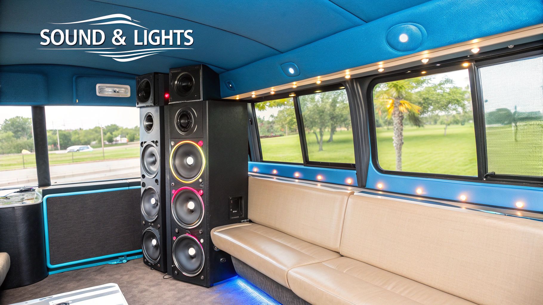 Vibrant party bus interior with large speakers, colorful LED lights, comfortable seating, and scenic windows.