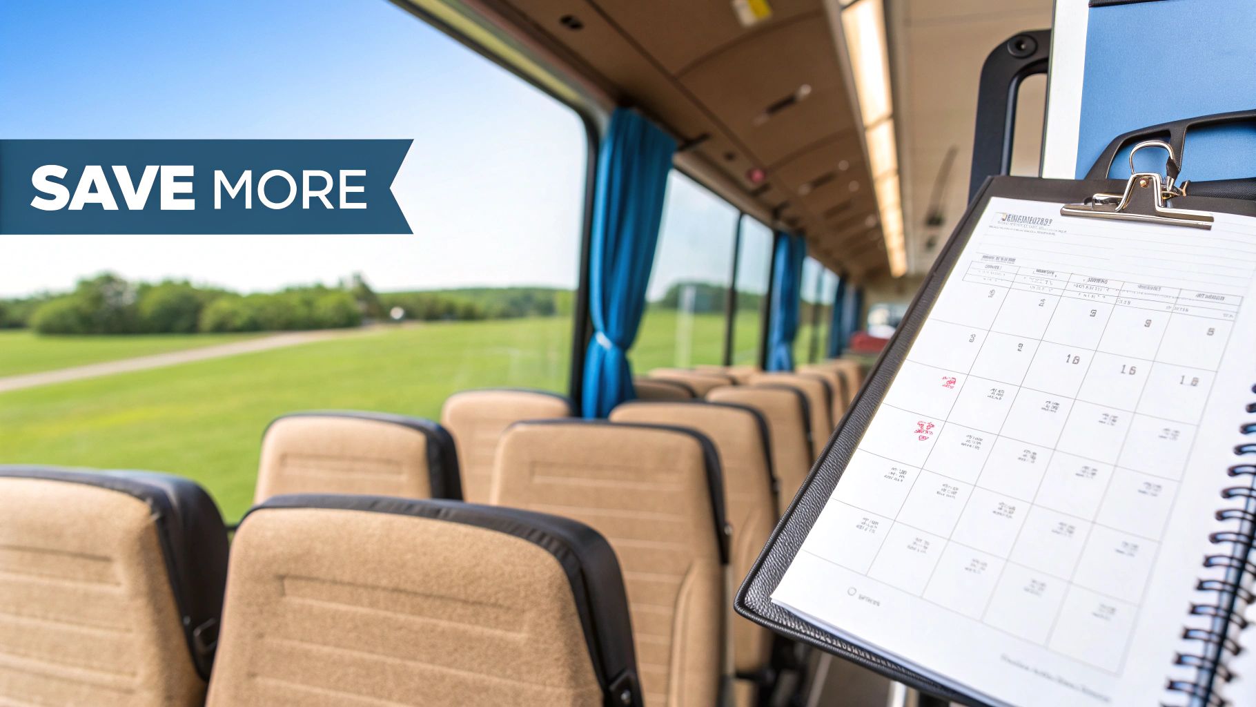 Interior of a passenger bus with empty seats and a 'SAVE MORE' banner, showing a calendar.
