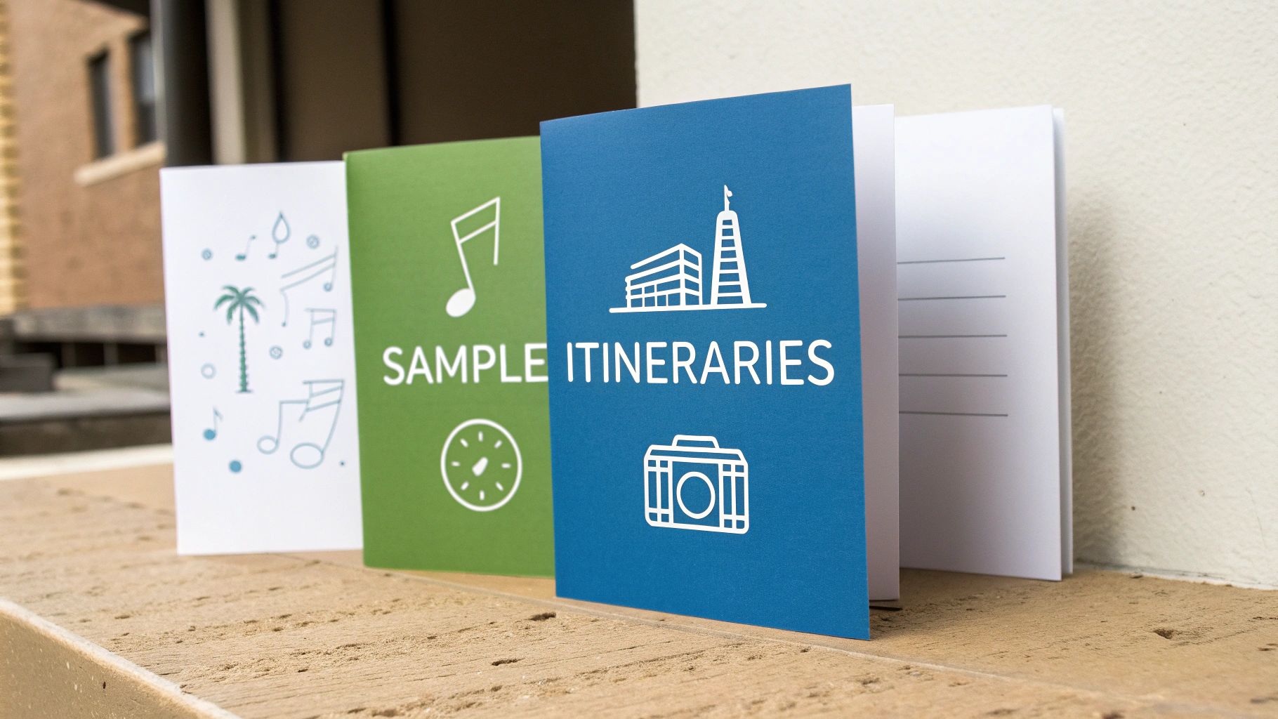 Four colorful booklets, one blue with 'ITINERARIES' text and city/camera icons, for travel planning.