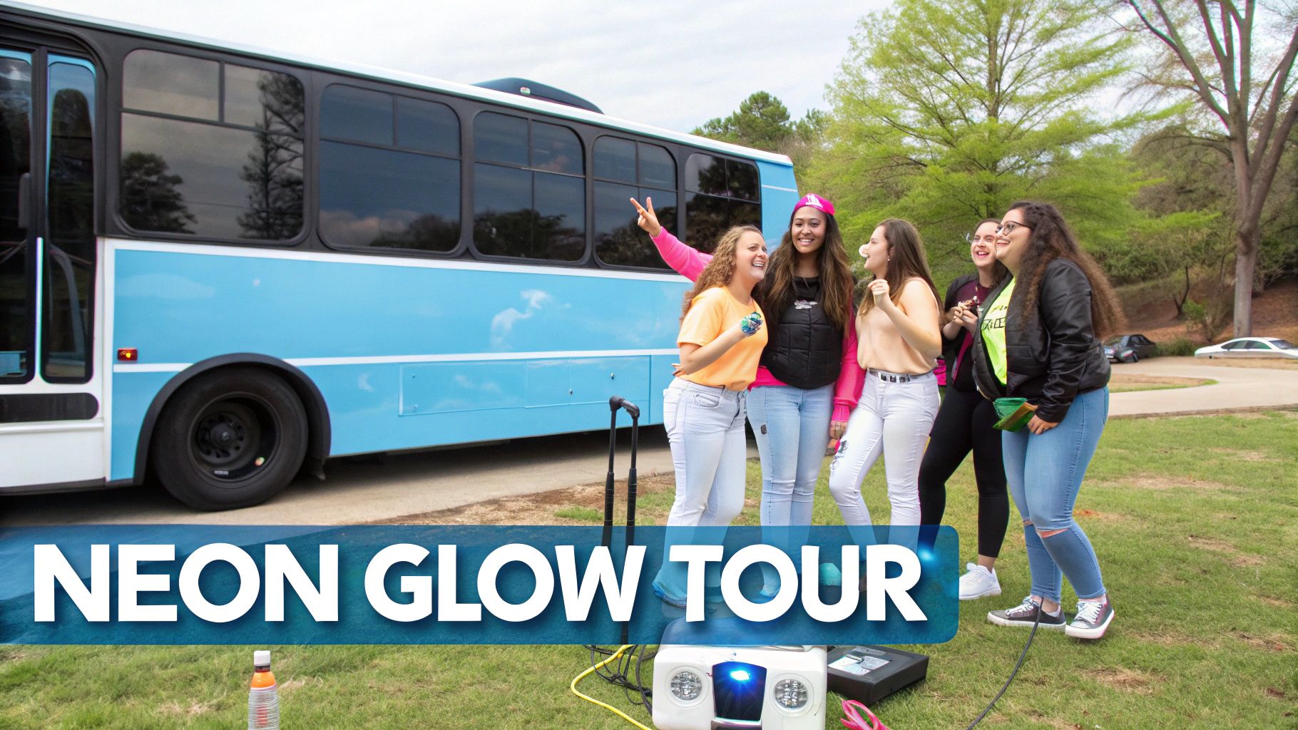 Happy young women laughing in front of a blue bus for a Neon Glow Tour.
