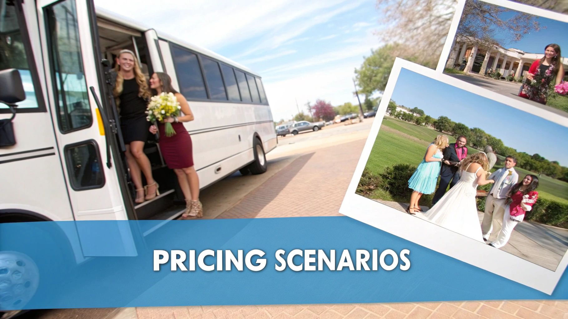 Guests exiting a white party bus for a wedding event, with pricing scenarios banner.