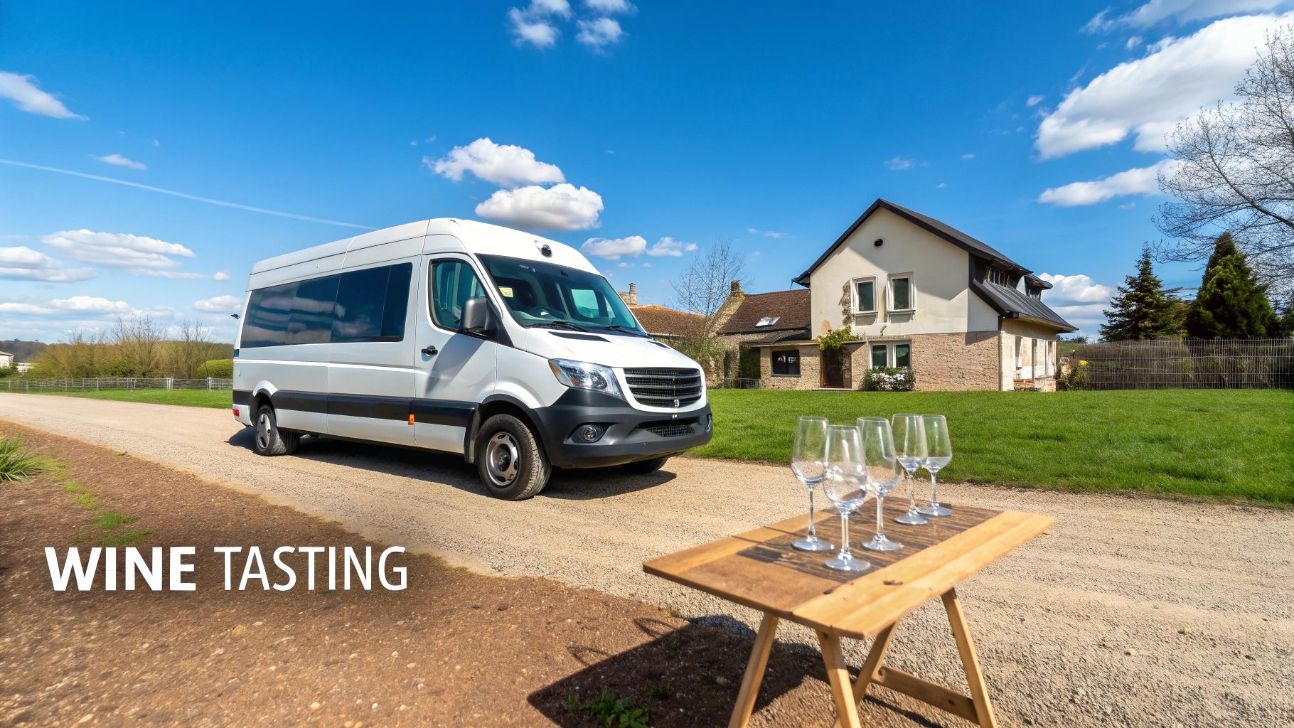 A white wine tasting van parked on a dirt road, with wine glasses on a table in front of a house under a blue sky.