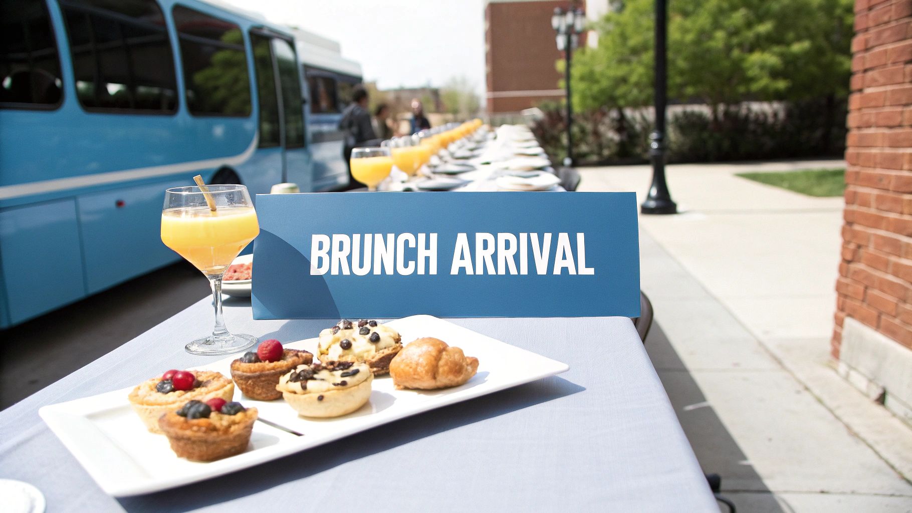 A "Brunch Arrival" sign on a table with pastries, orange juice, and a blue bus in the background.