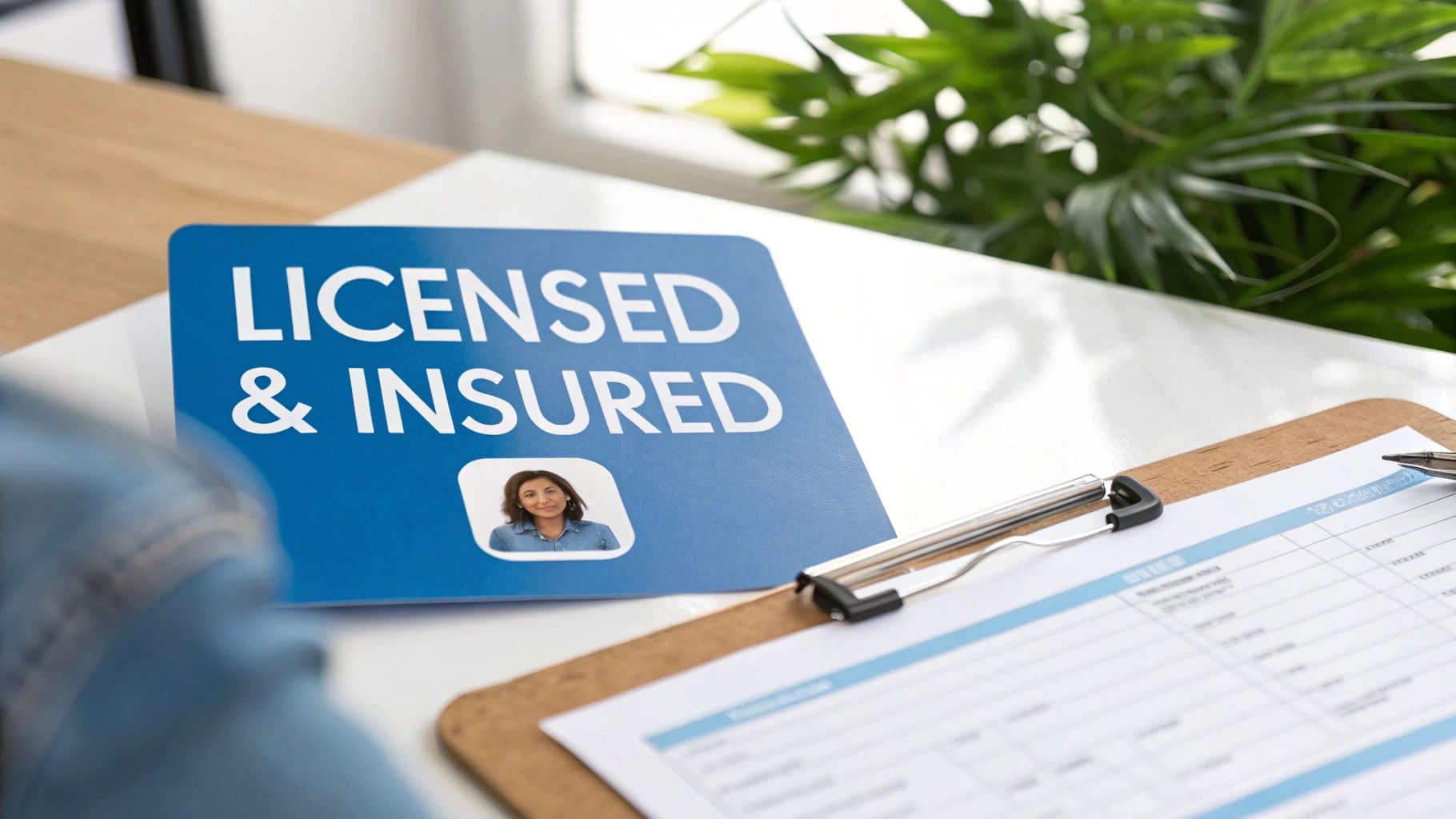A blue "LICENSED & INSURED" sign with a professional woman's photo, beside a clipboard and pen.