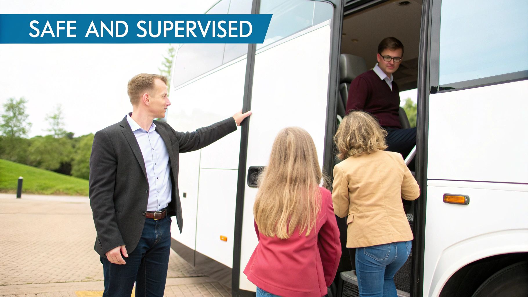 A male supervisor assists two young girls in boarding a white party bus, ensuring safe travel.