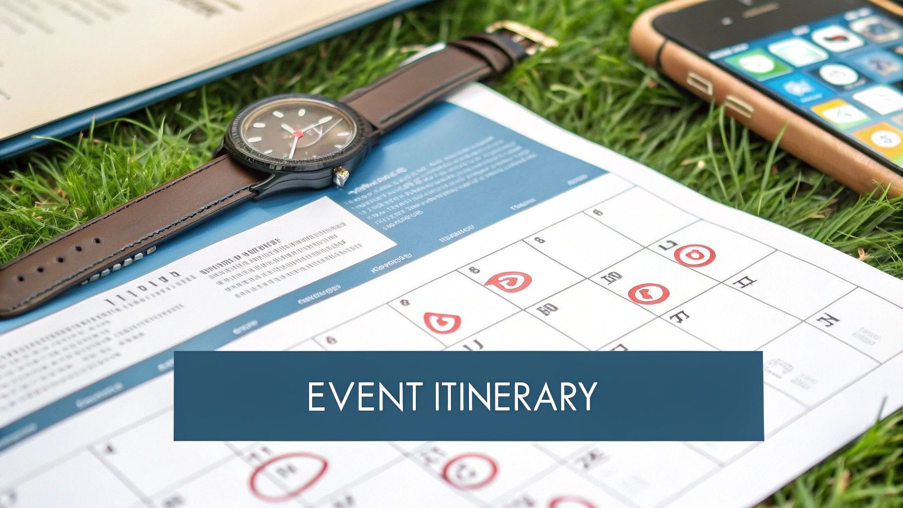 A watch, smartphone, and event itinerary calendar on green grass, symbolizing event planning.