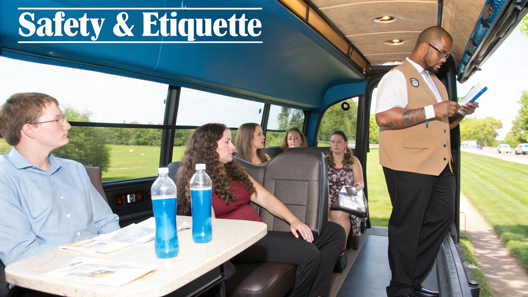 A guide speaks to passengers on a party bus under a 'Safety & Etiquette' banner.